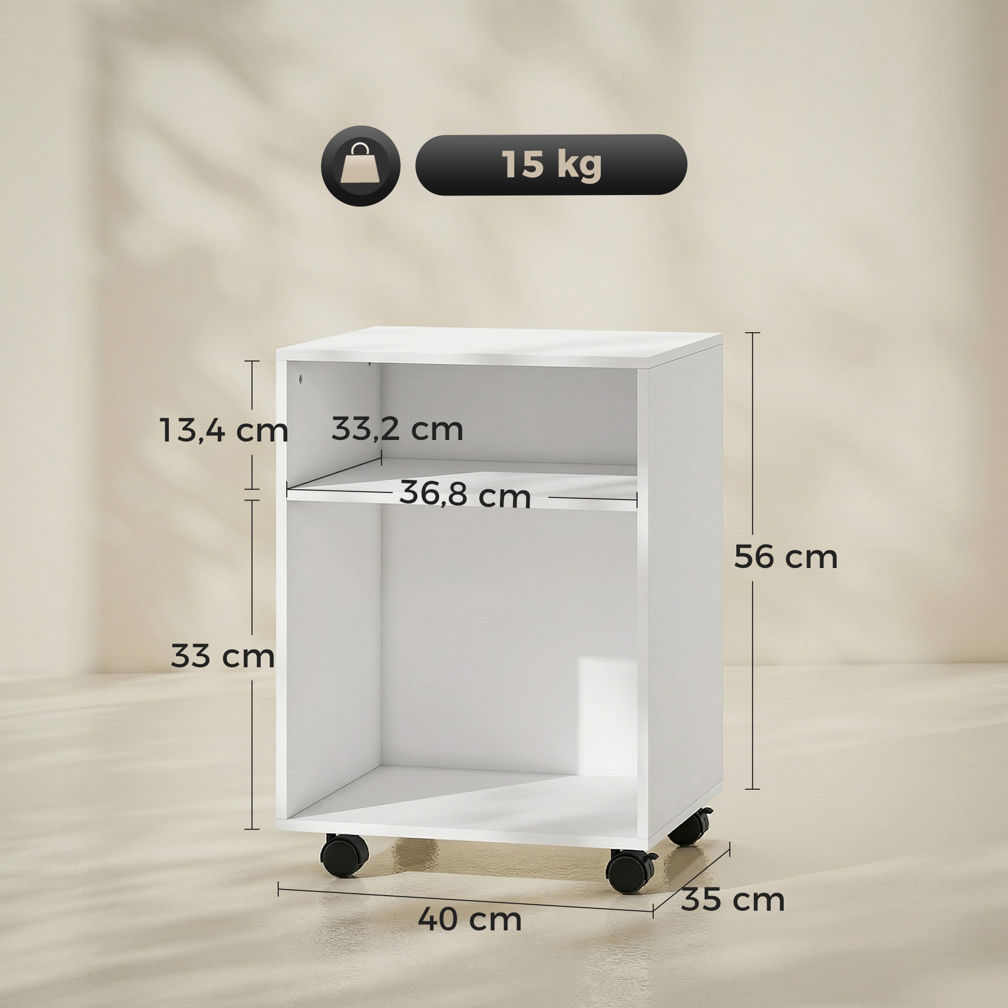 Druckerständer Druckertisch mit 2 offenem Regal feststellbaren Rollen für Büro Zuhause Fax Scanner 40 x 35 x 56 cm Weiß