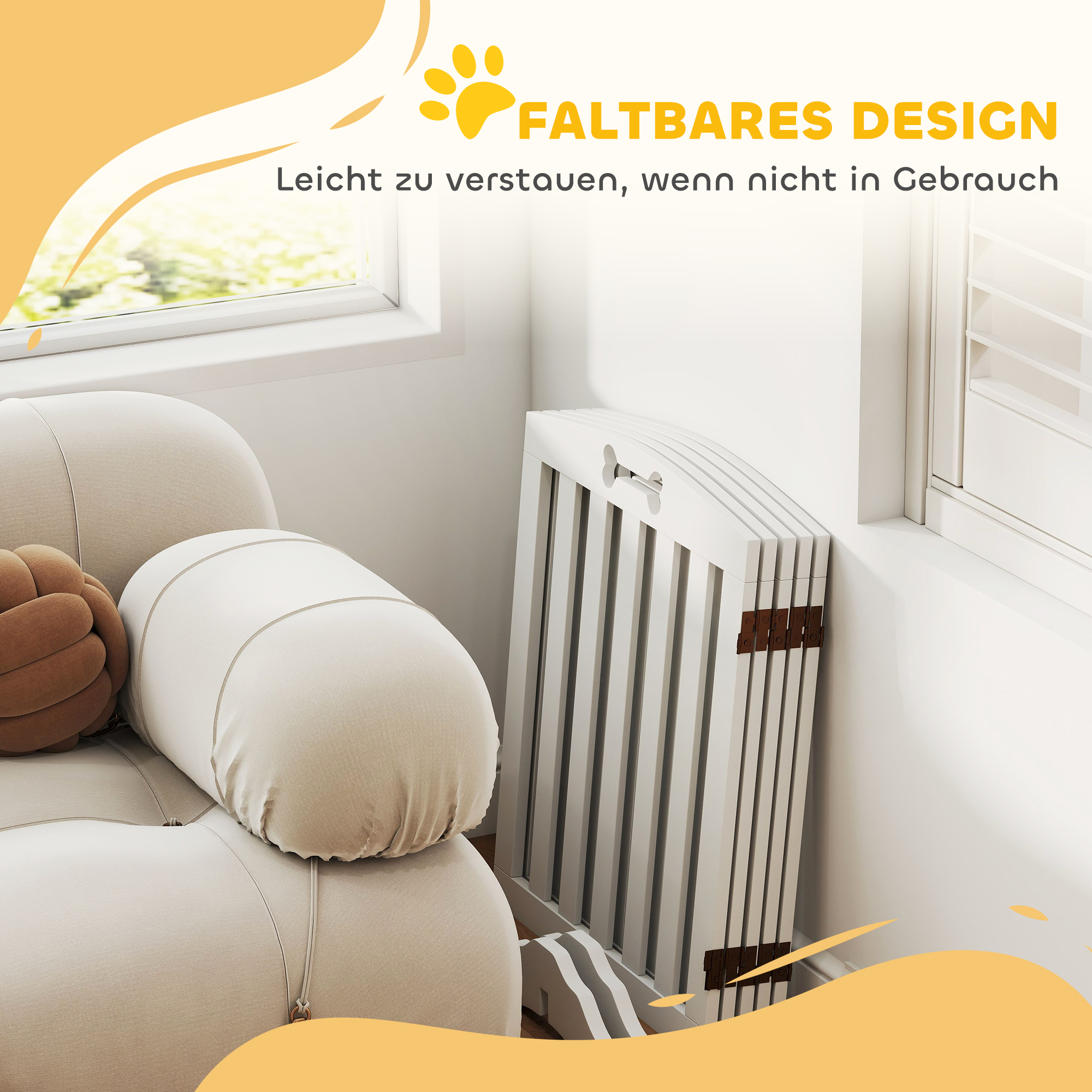 Freistehendes Hundegitter mit Stützfüßen, für Türrahmen, Flur, Treppe, 258 x 30 x 61 cm, Weiß