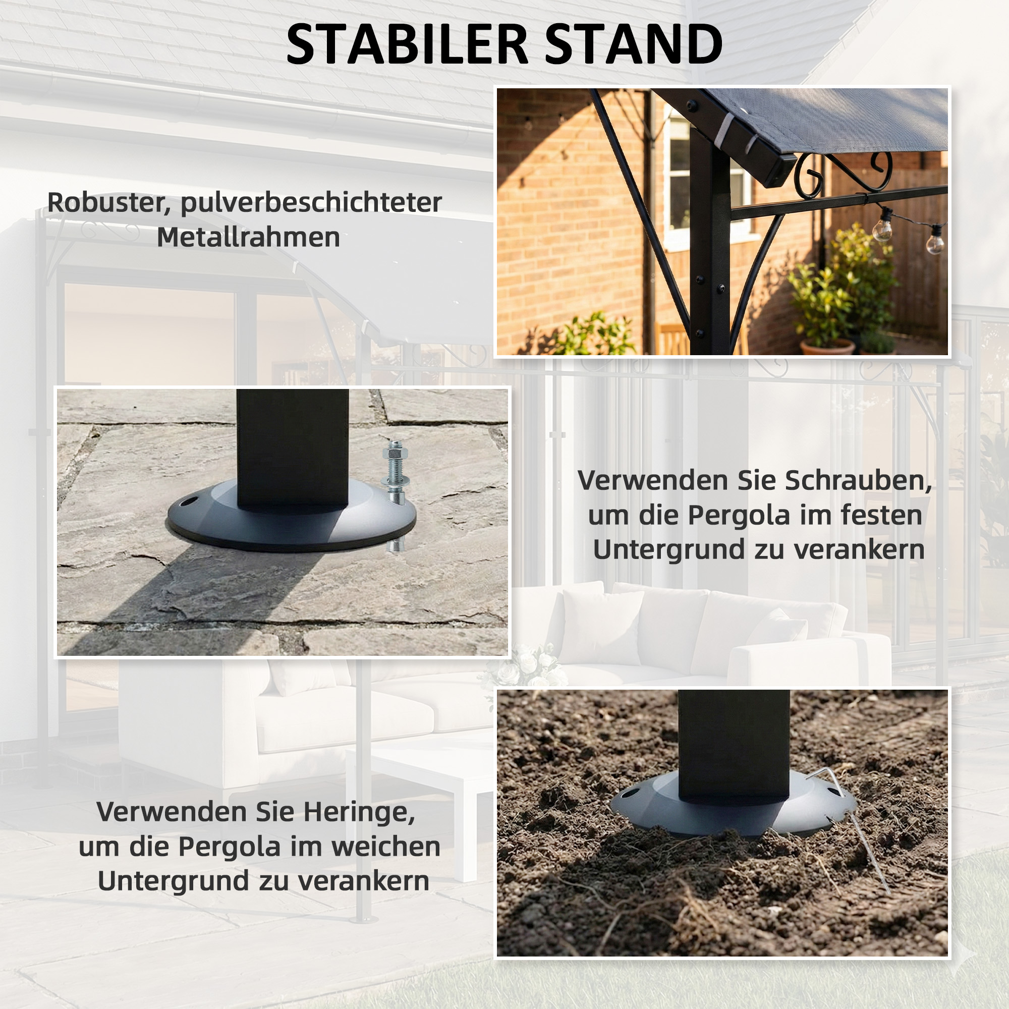 Anbaupavillon Pergola mit Metallgestell Dach, wetterfest wandmontiert Pavillon Vordach 2,86 x 3,84 x 2,52 m Grau