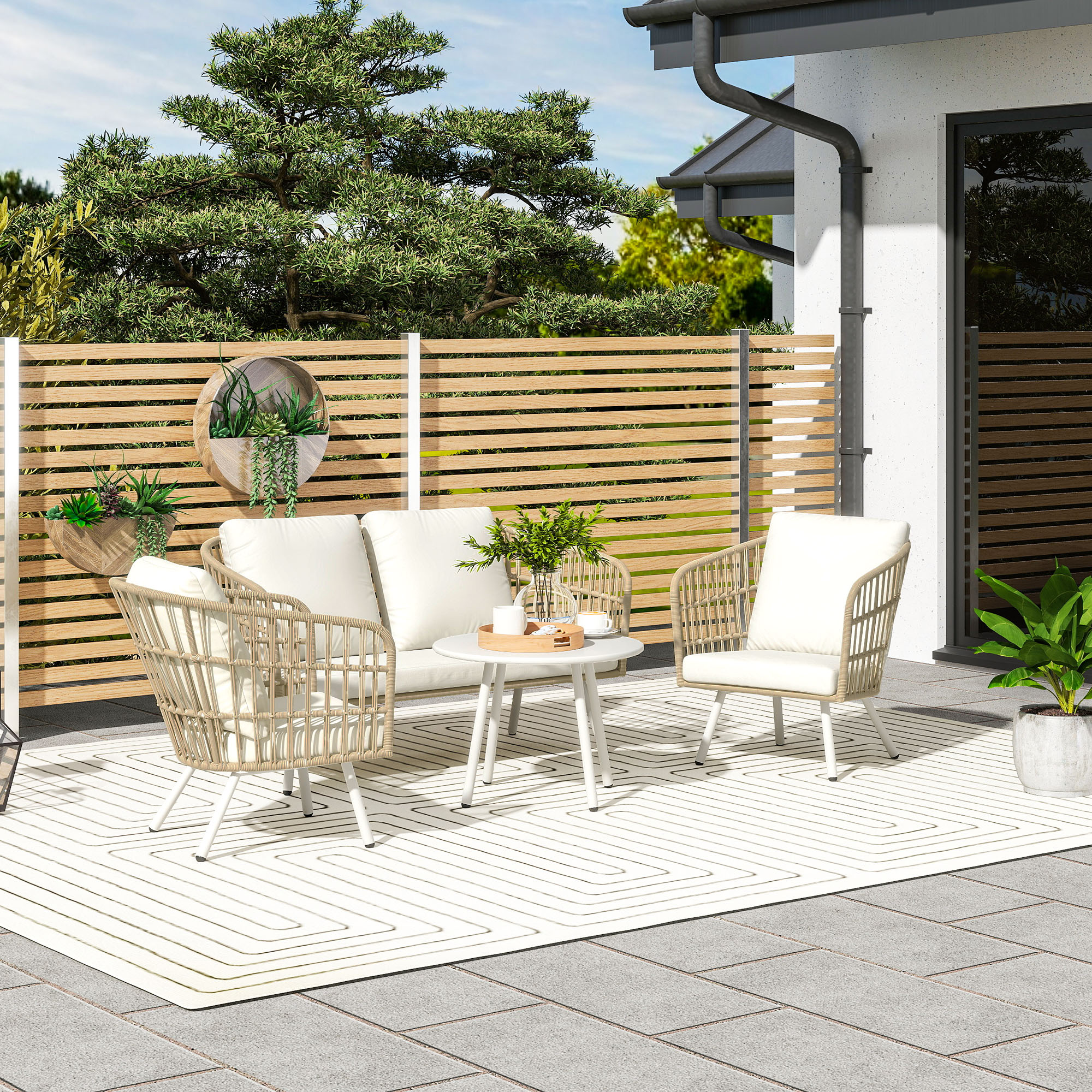 Gartenmöbel Set aus Polyrattan Lounge-Set mit 2er Sofa Sessel Tisch Kissen wetterfest für 4 Personen Khaki