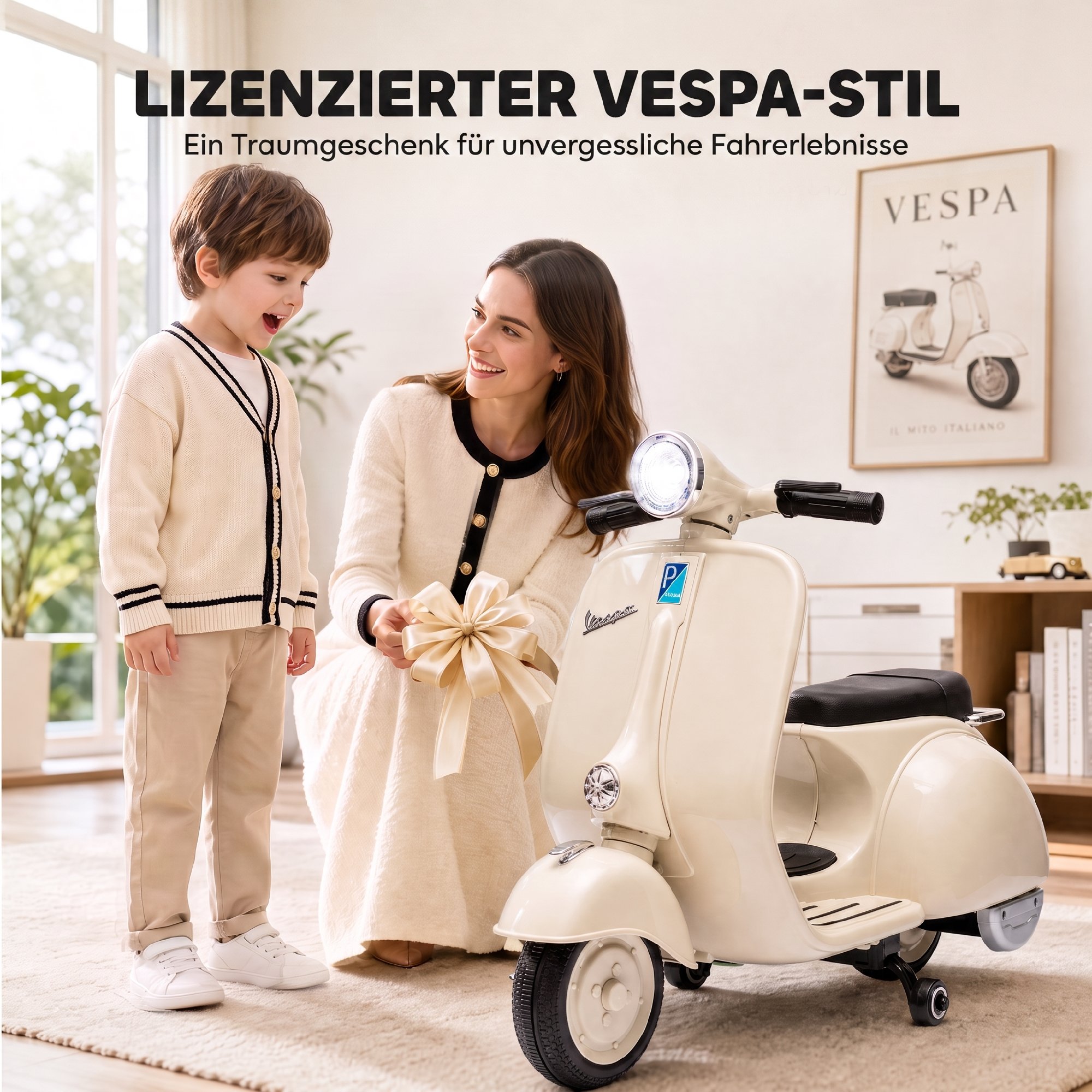Elektro Motorrad Kinder 6 V Elektromotorrad mit Stützrädern, Lithium-Akku, Softstart, Musik, USB Scheinwerfer Hupe
