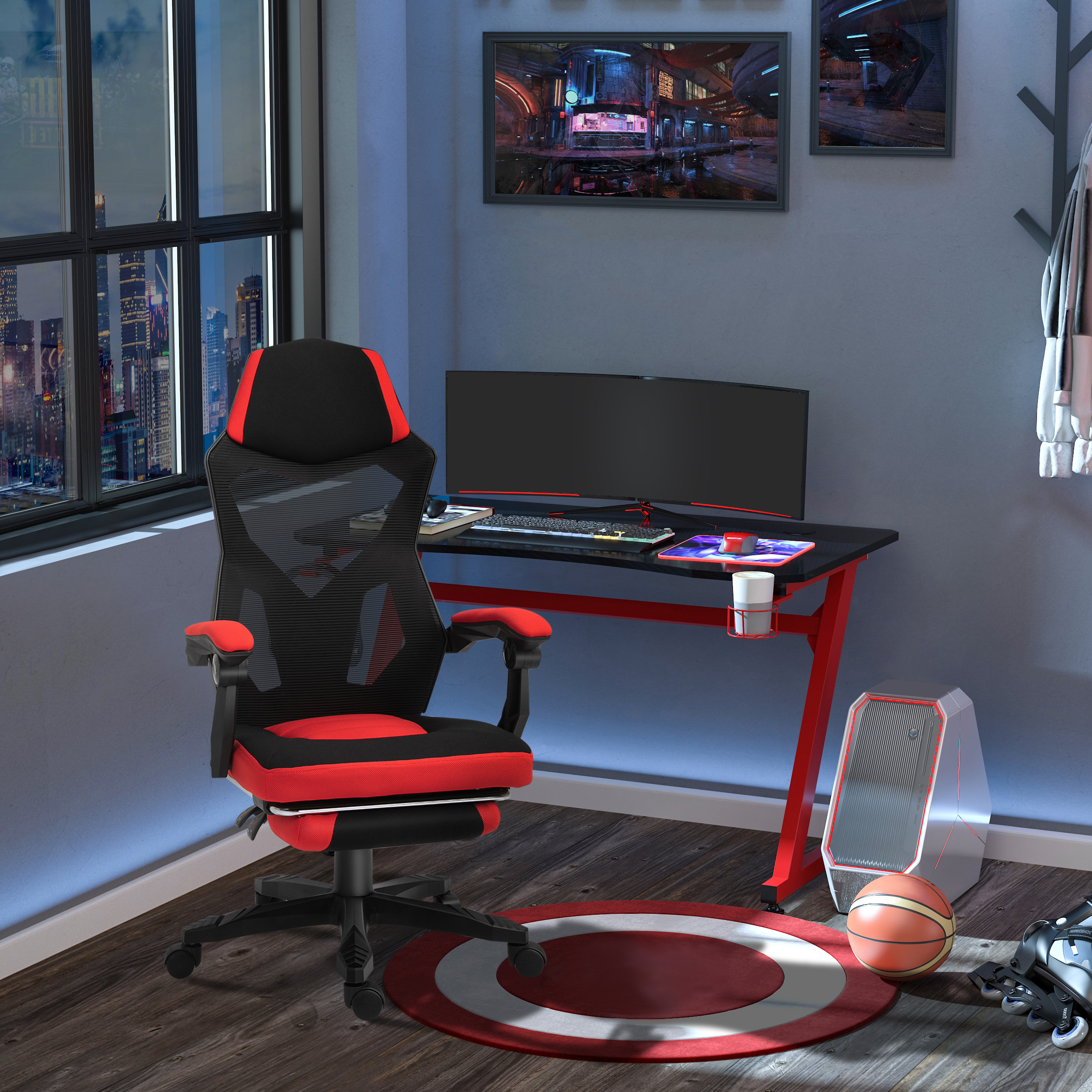 ergonomischer Bürostuhl, Gaming Stuhl, Drehstuhl mit Fußstütze, PC Stuhl, Chefsessel,  höhenverstellbar, Polyester, Schwarz+Rot,58 x 63 x 112-122 cm