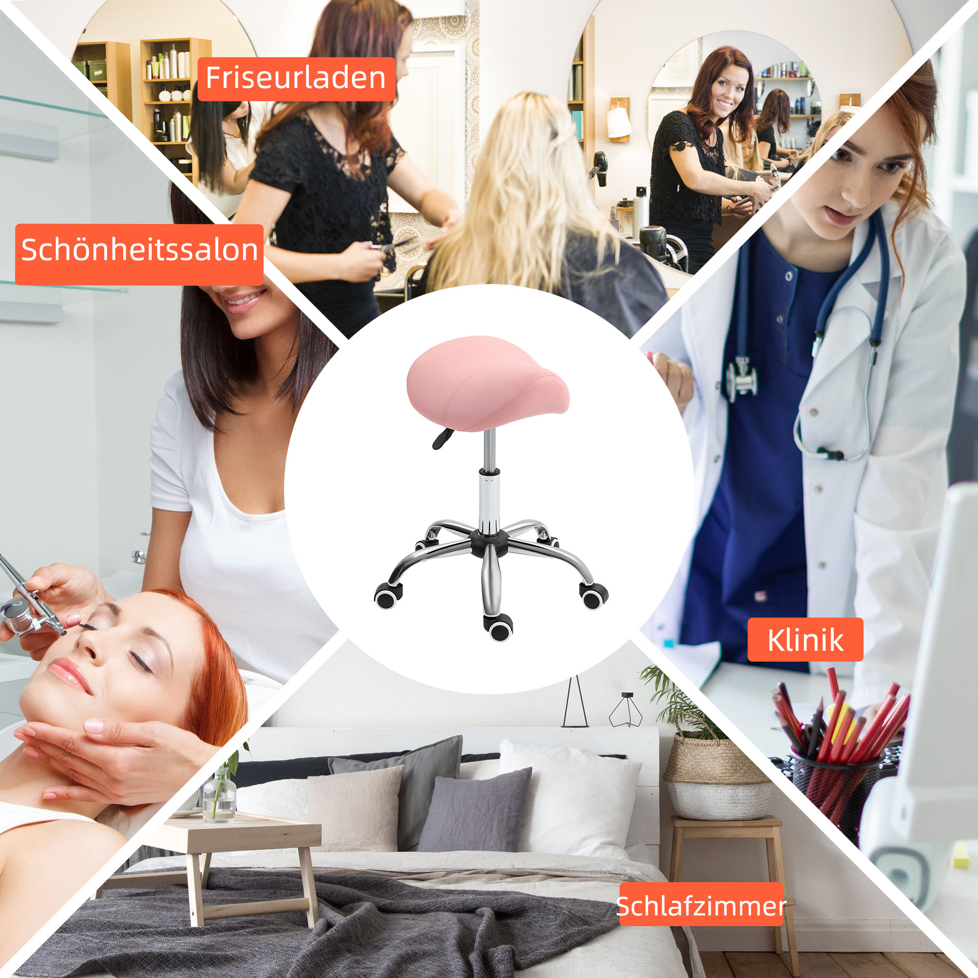Rollhocker höhenverstellbar 49-61 cm Arbeitshocker 360° drehbar Hocker Bürohocker für Büro Salon Massage Spa Rosa