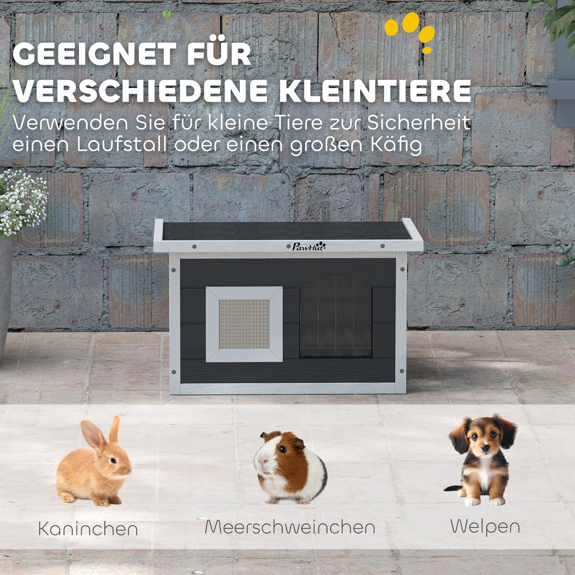 Katzenhaus, Rückzugsort für Katzen und Kaninchen, Holzhaus mit Kratzmatte, Türklappe, 61 x 45 x 36,5 cm, Grau