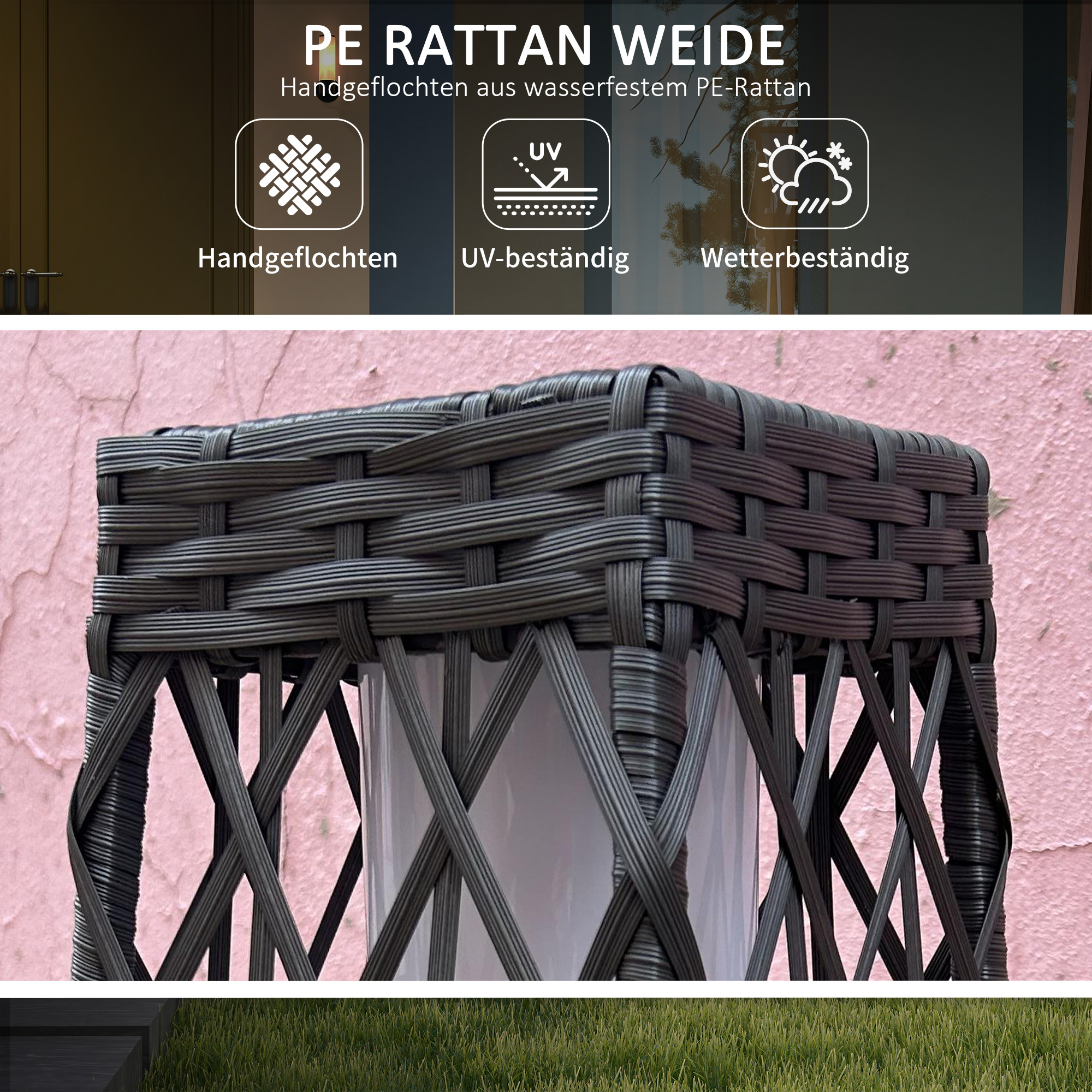 Rattan Außenleuchte, Solar Gartenlampe, Einschaltautomatik, LED, wetterfest, Metallrahmen, 20 x 20 x 68cm, Grau