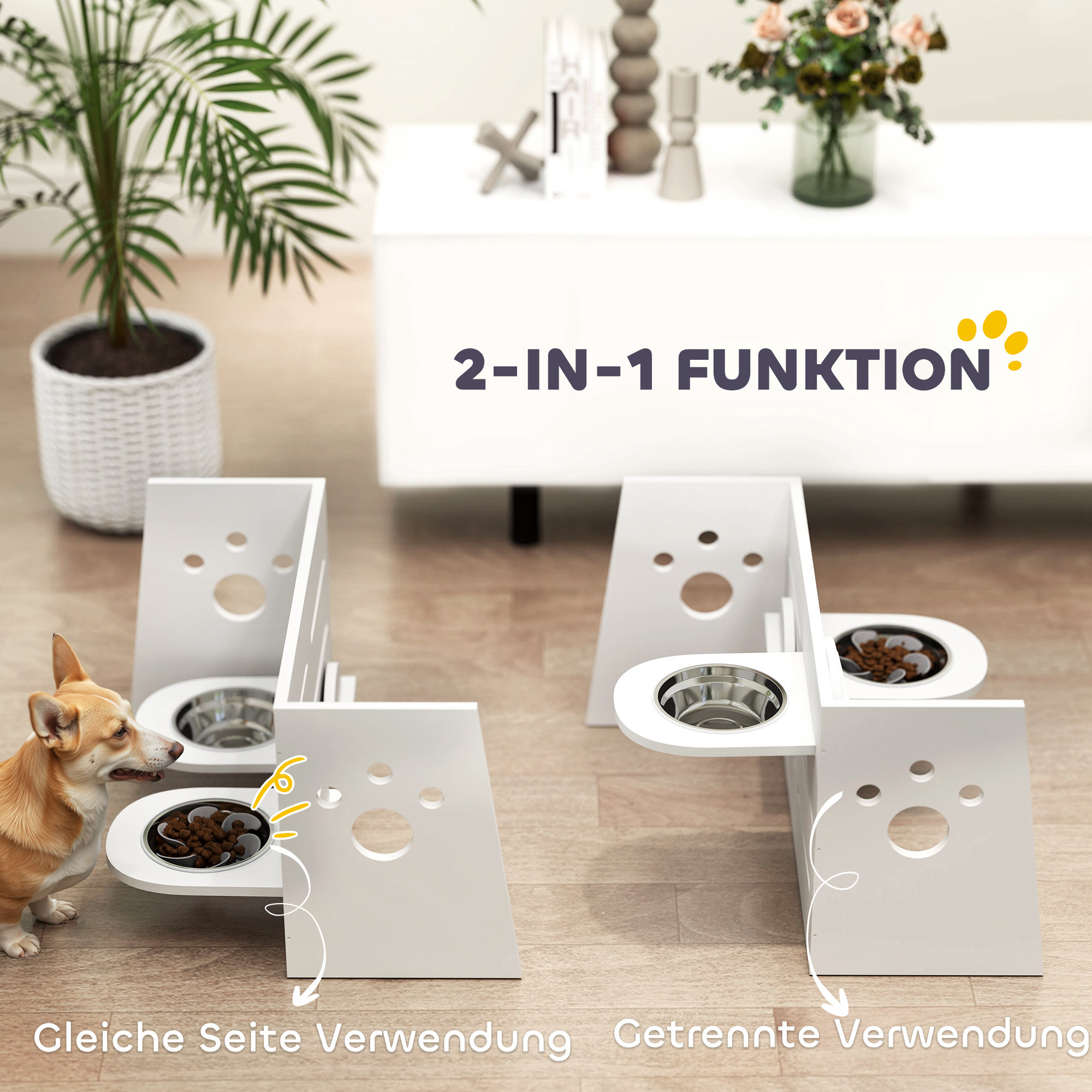 Hundefutternapf-Gestell, verstellbare Futternäpfe mit separatem Design, 2 Edelstahlschüsseln, Anti-Schling-Matte, Weiß