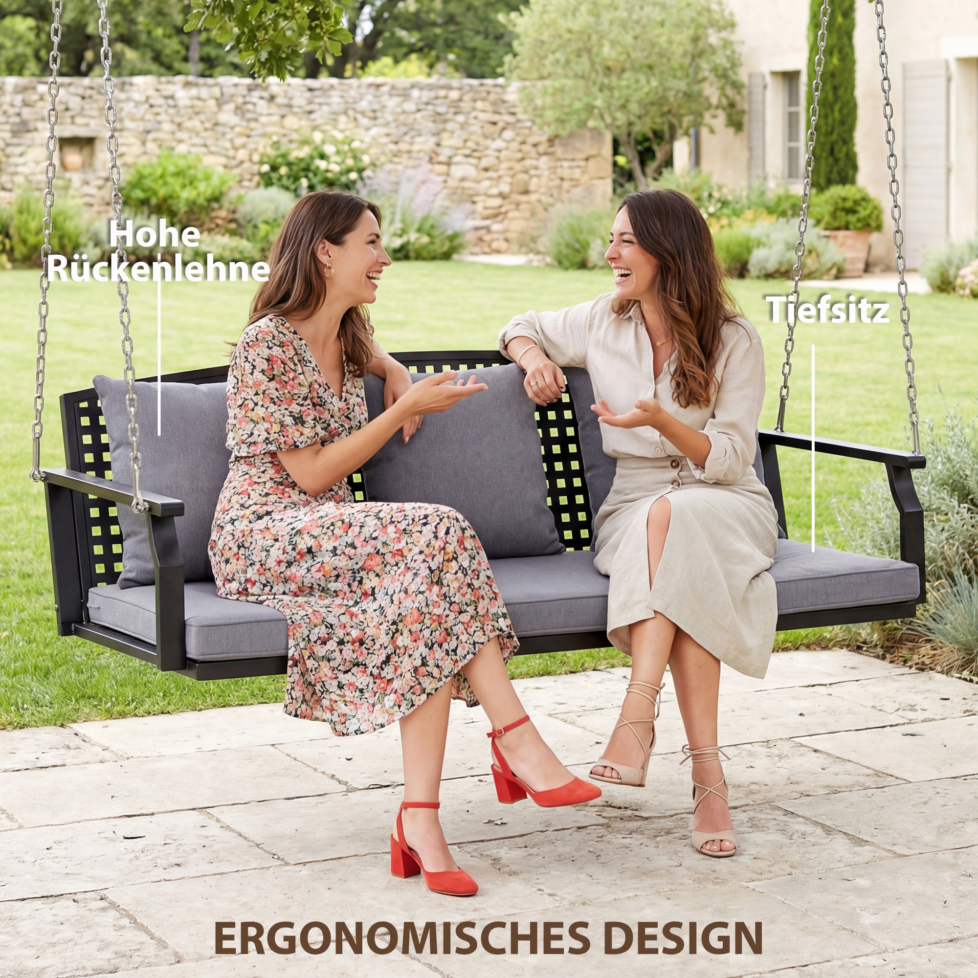 3-Sitzer Veranda-Schaukel, Gartenschaukelbank mit 3 Rückenkissen, Sitzkissen, Hängevorrichtung, Grau