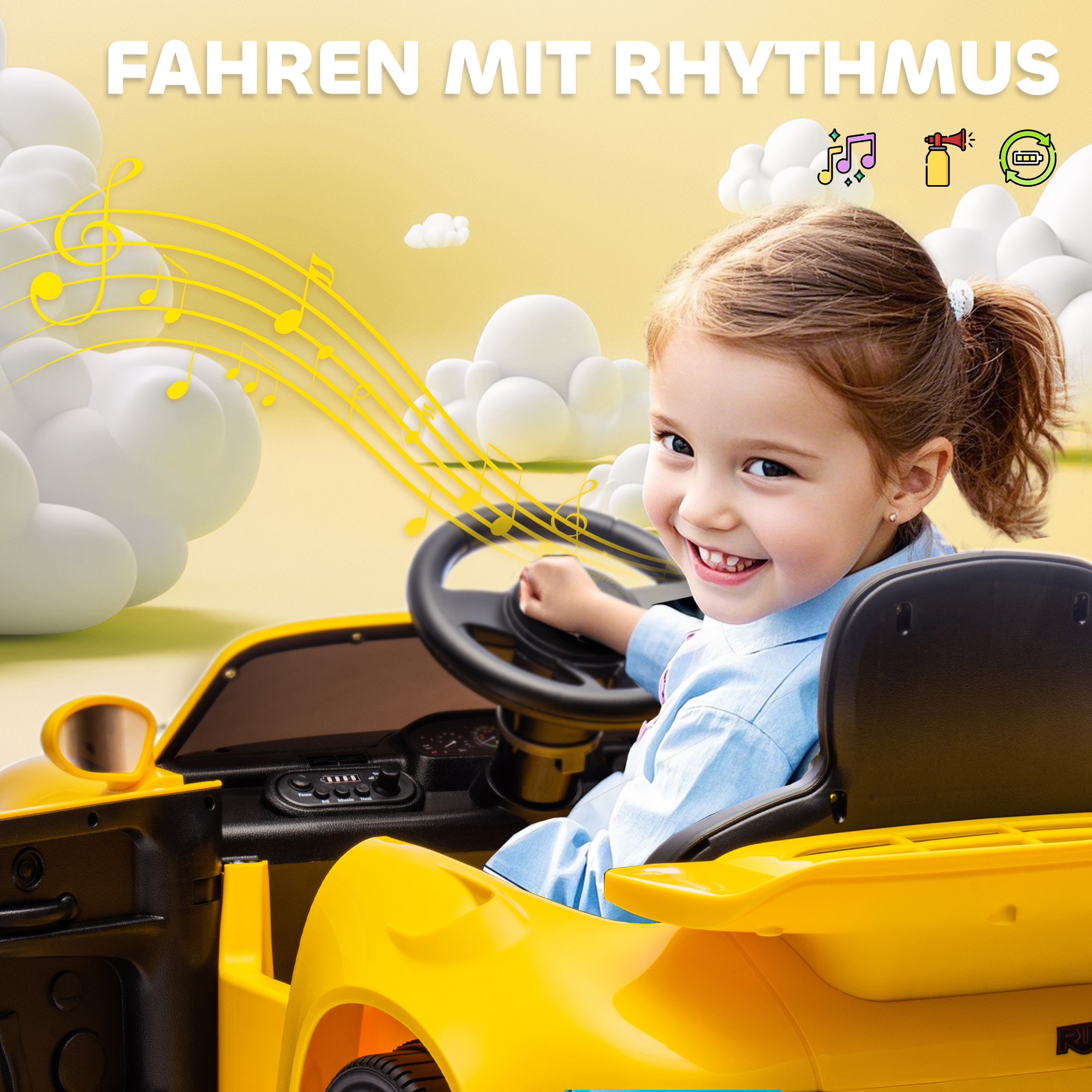 Kinder-Elektroauto, 12V Kinderauto mit Fernbedienung, sanfter Start, MP3-Player, LED-Lichter, Hupe, Energieanzeige, Gelb