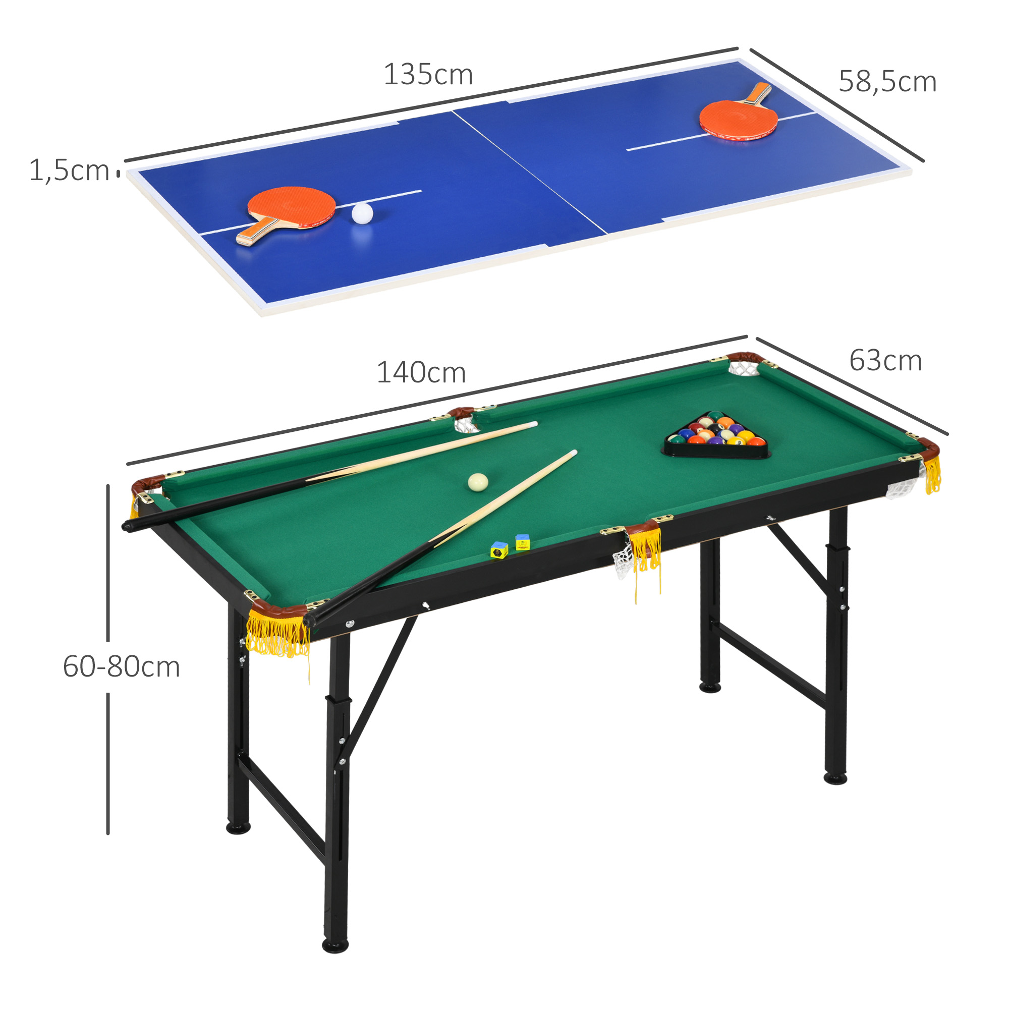 2-in-1 Billardtisch, Tischtennisplatte, mit Zubehör, 140x63x80cm, Blau/Grün
