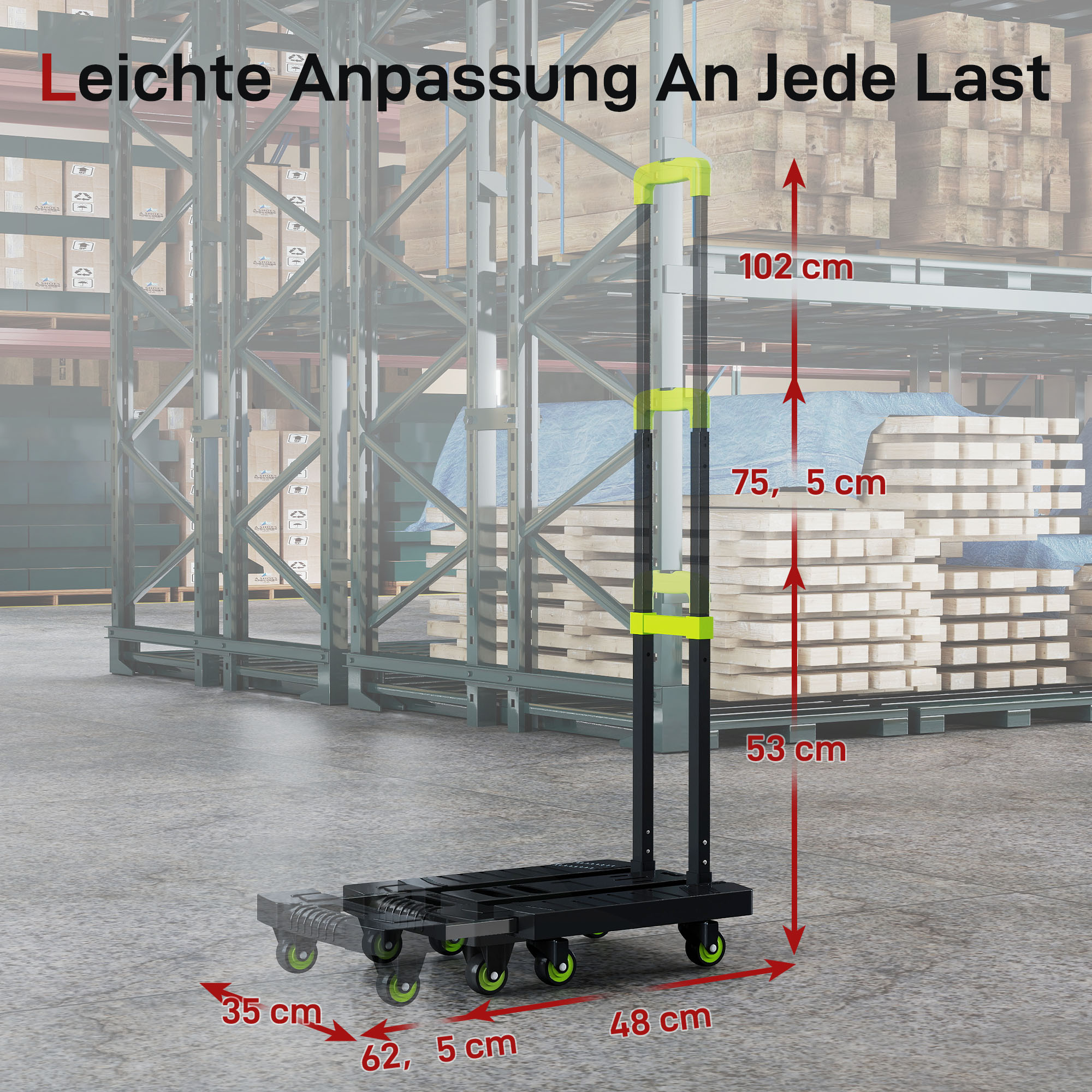 Sackkarre klappbar Metall Transportkarre mit Räder verstellbarem Griff 49 x 35 x 102 cm Grün