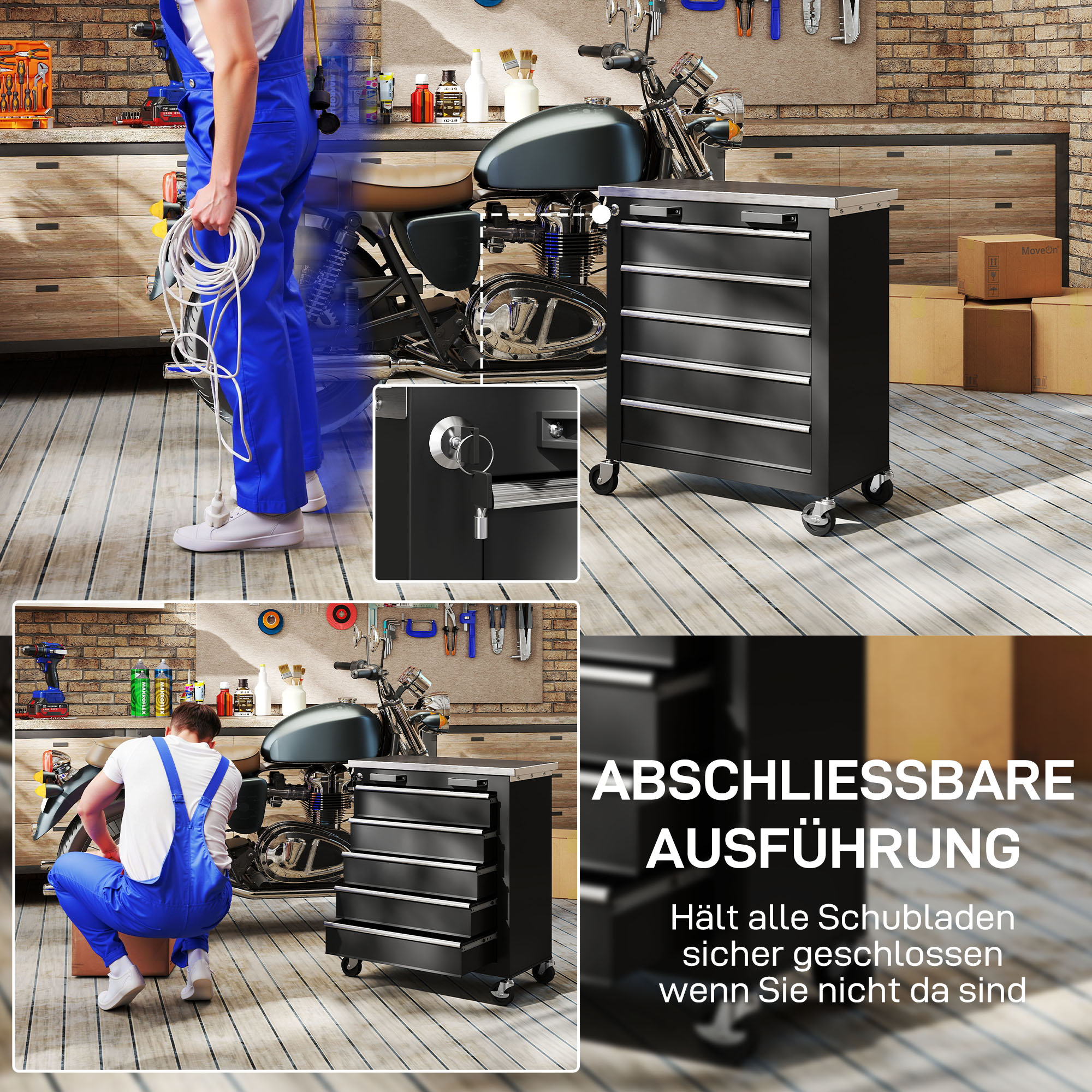 Werkzeugschrank mit 5 Schubladen, rollbare Werkzeugkiste, Werkzeugwagen aus Stahl, Silberton+Schwarz