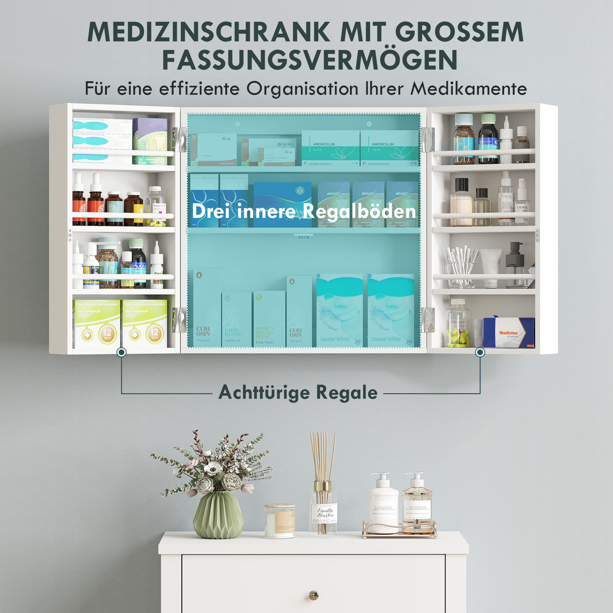 Medizinschrank abschließbar 2-türig Hängend Medikamentenschrank mit 11 Fächer 2 Schlüssel, 53 x 20 x 53 cm, Weiß