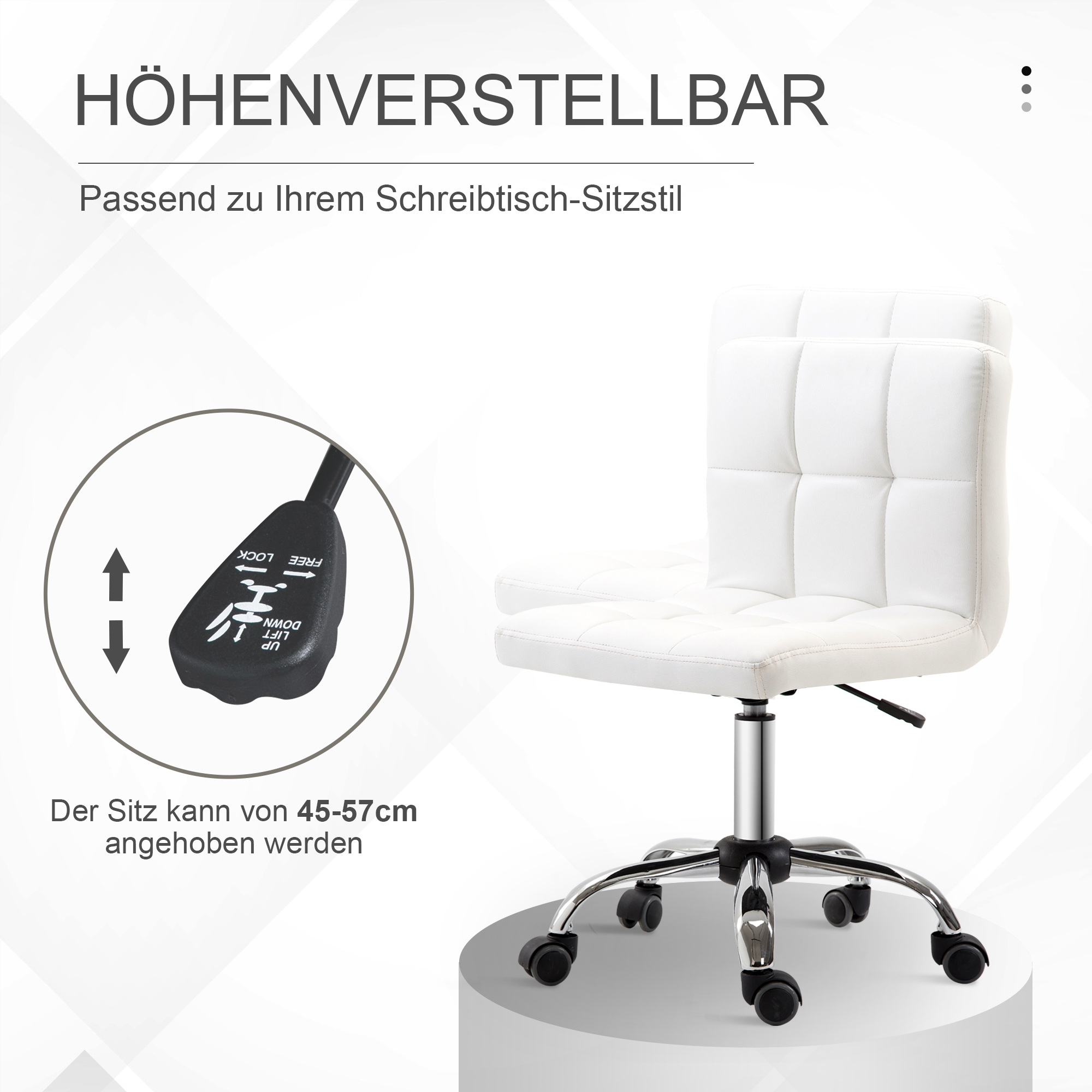 Bürostuhl, Drehstuhl, Kunstleder, Stahlstruktur, 5 Räder, gepolstert, Weiß