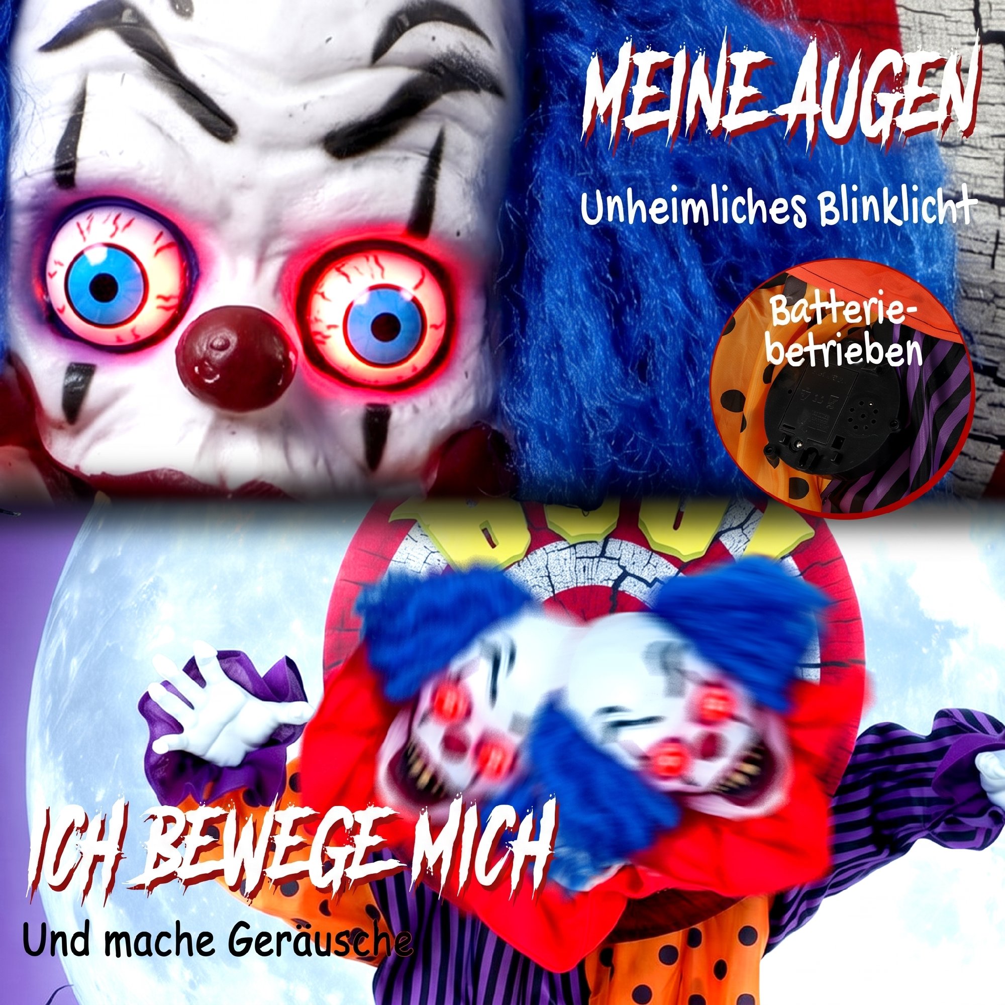 167 cm lebensgroße animierte Halloween-Clown-Deko mit Sound- & Berührungsaktivierung
