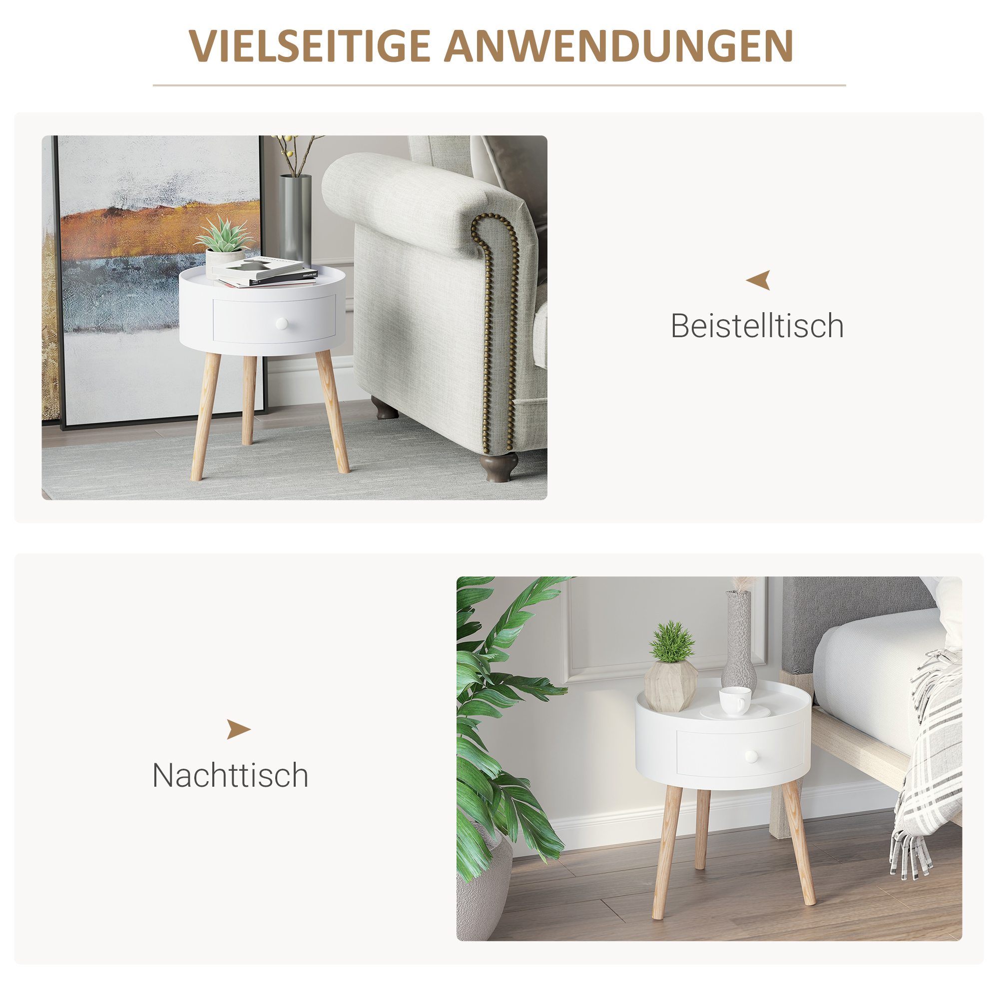 Couchtisch mit Schublade, rund, Skandi-Design, Schutzrand, Holz, Ø38 x H45 cm, Weiß