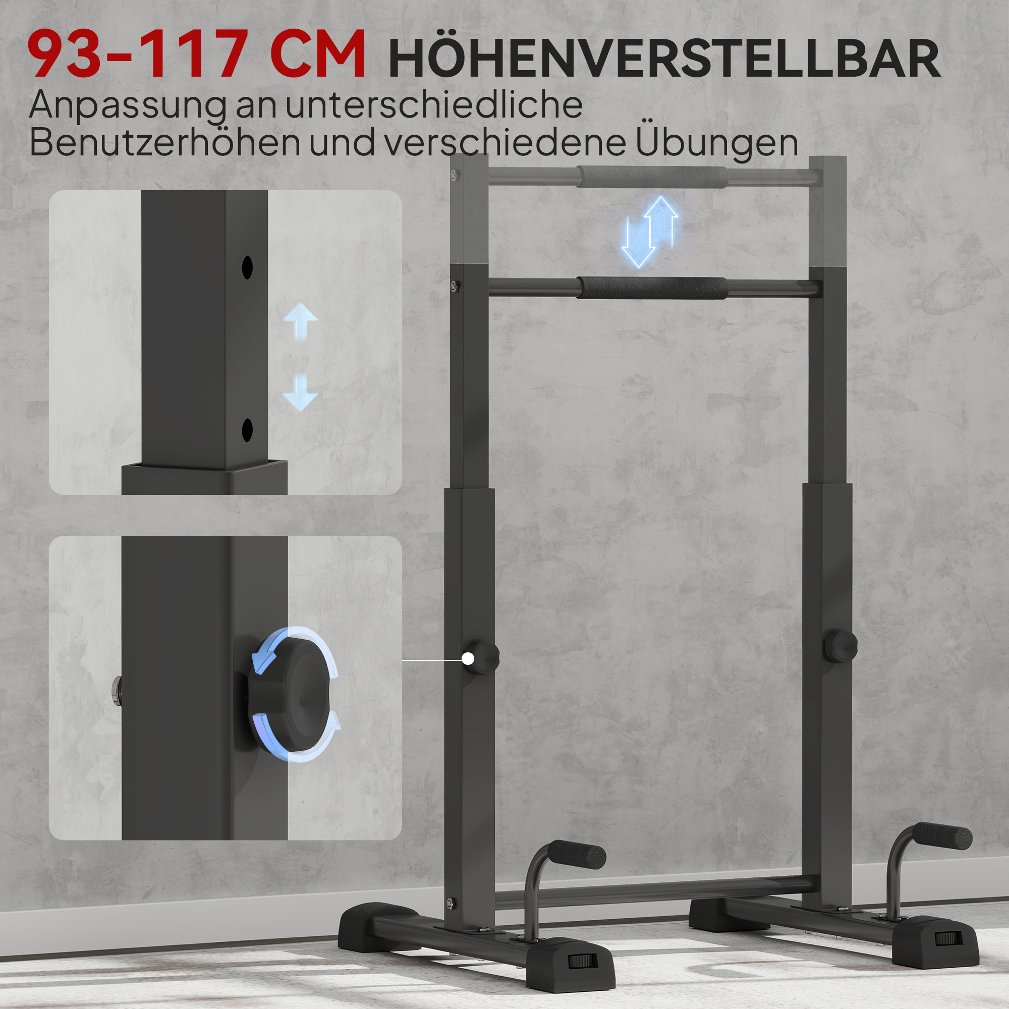 Dip-Station, Liegestütz-Ständer, 93-117 cm höhenverstellbar, 540 kg Belastbarkeit, Ganzkörper-Training, Schwarz