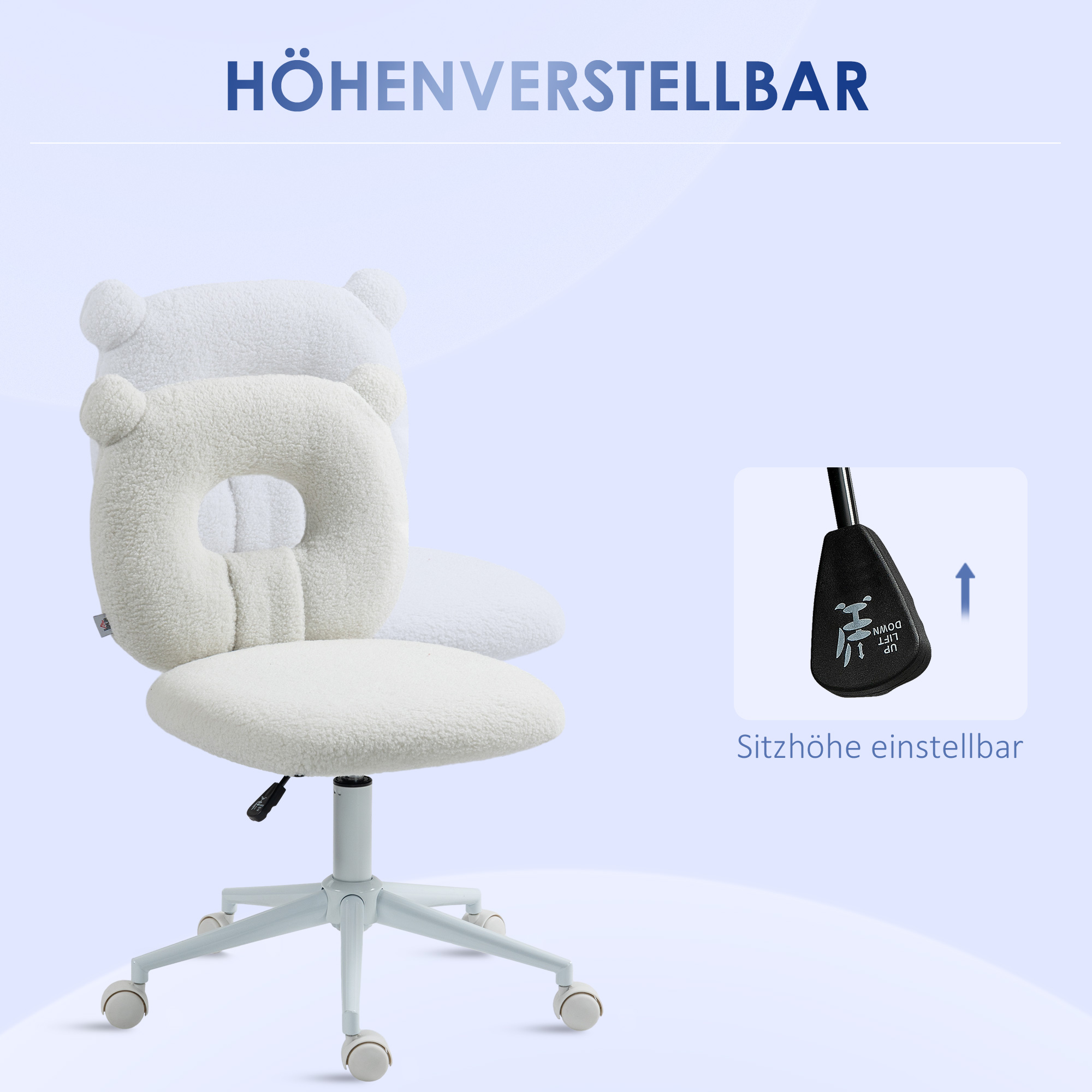 Bürostuhl Schreibtischstuhl, höhenverstellbar, Teddyfell, 50 cm x 56 cm x 90 cm, Weiß
