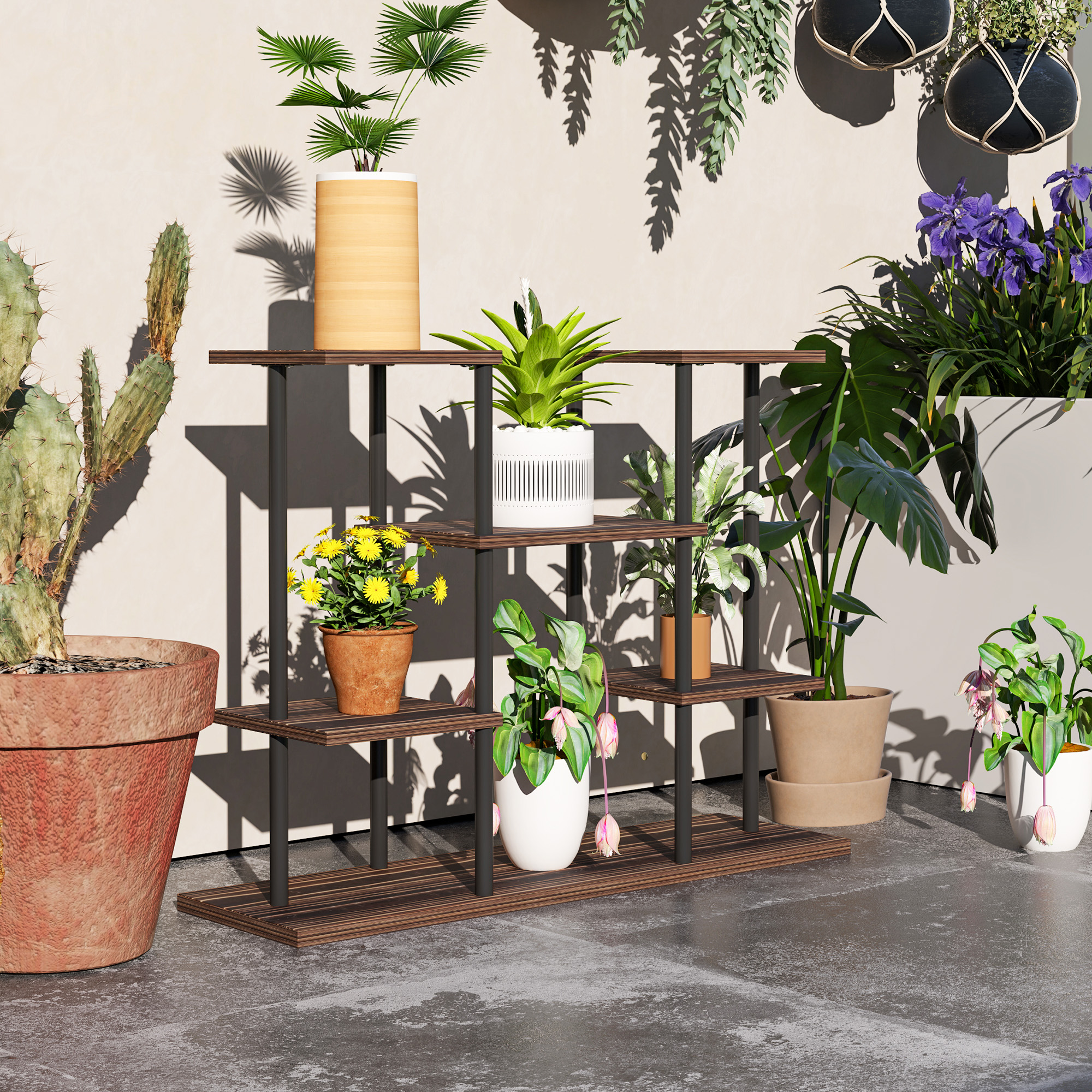 Blumenständer mit 4 Ebenen, 4-stufiger Pflanzenständer, Blumentopfhalter für drinnen und draußen, Holz, Stahl