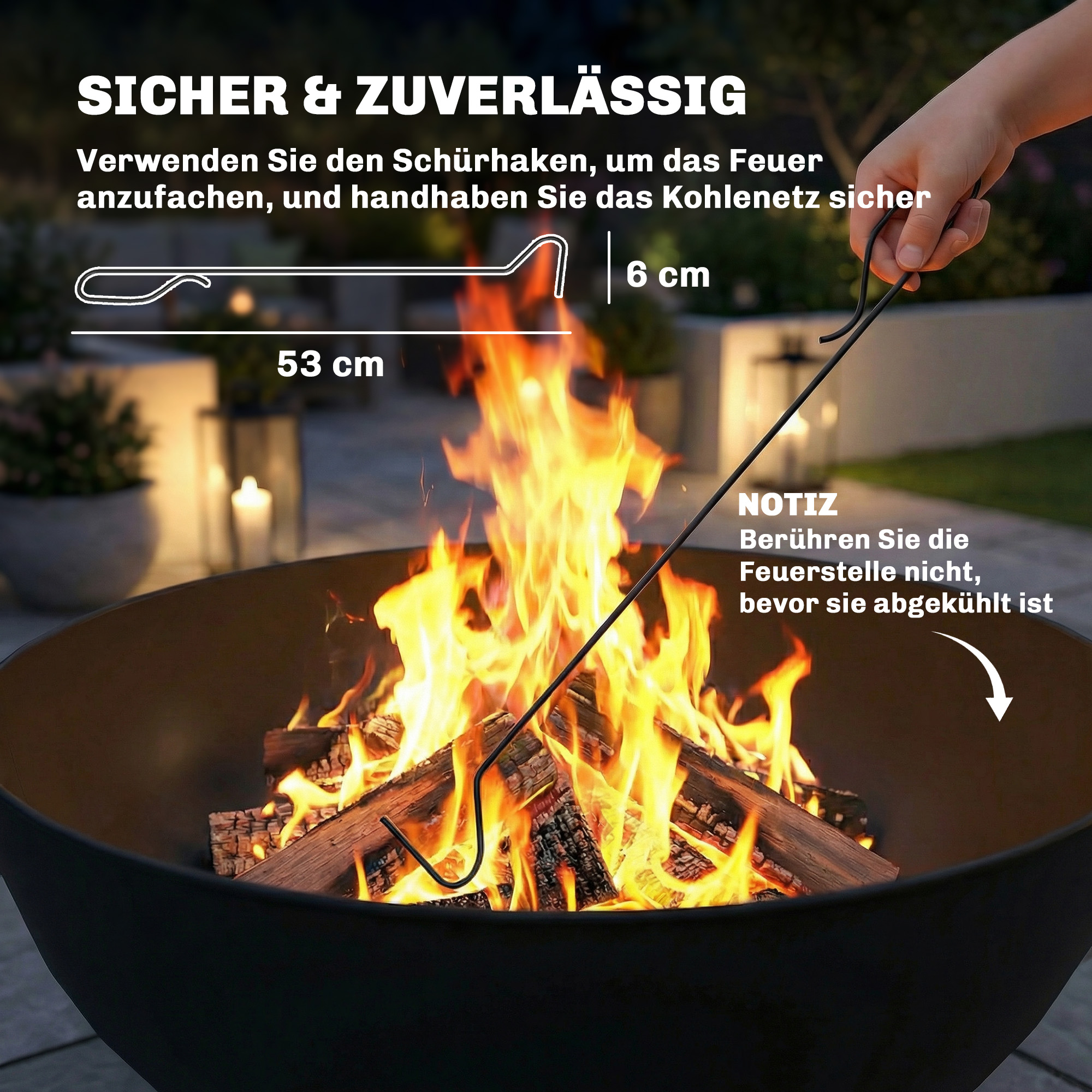Feuerschale 60 x 53 x 66cm verstellbar Feuerstelle mit Schürhaken Kohlegitter Ständer Schwarz