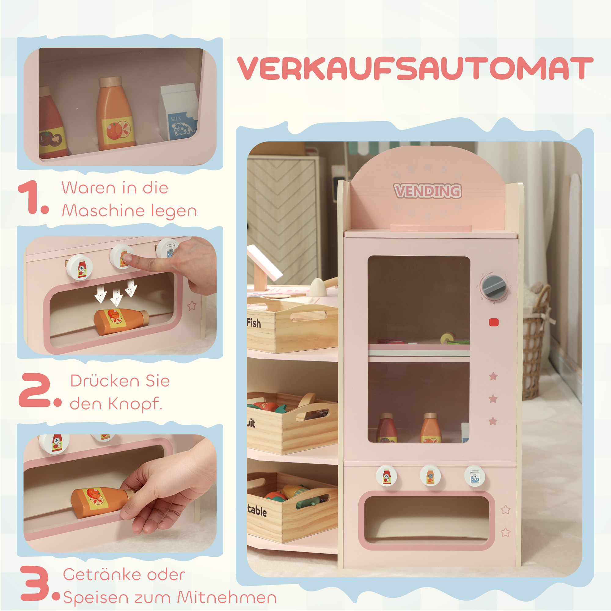 Kaufladen für Kinder Kaufladen Supermarkt mit Kasse Scanner Verkaufsautomat Spielzubehör für Kinder ab 3 Jahren Rosa