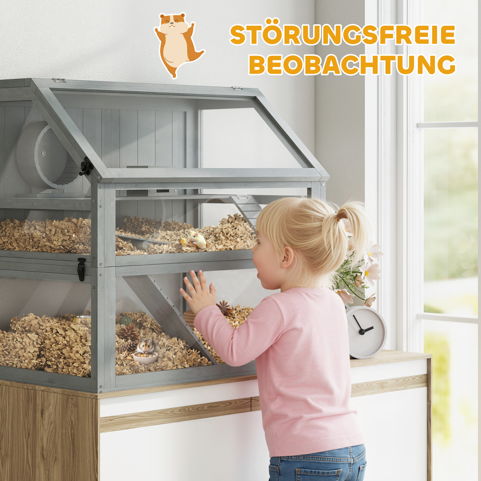 Hamsterkäfig Holz, 3 Etagen mit Untergeschoss, abnehmbare Ebene, für Kleintiere, 80x50x76cm, Hellgrau