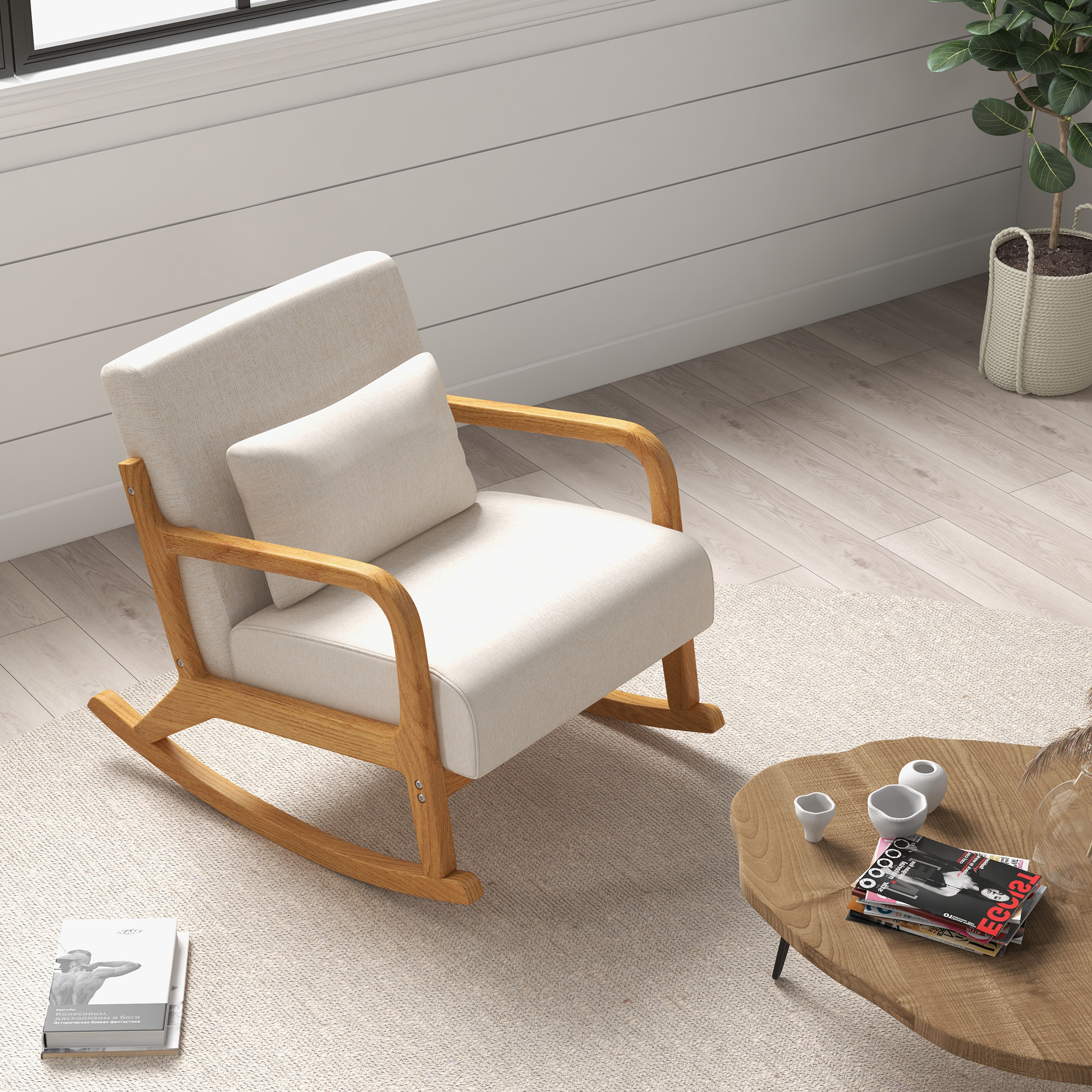 Schaukelstuhl im Retrodesign, Gummibaumholz, 64,5 cm x 92 cm x 81, 5 cm, Beige + Braun