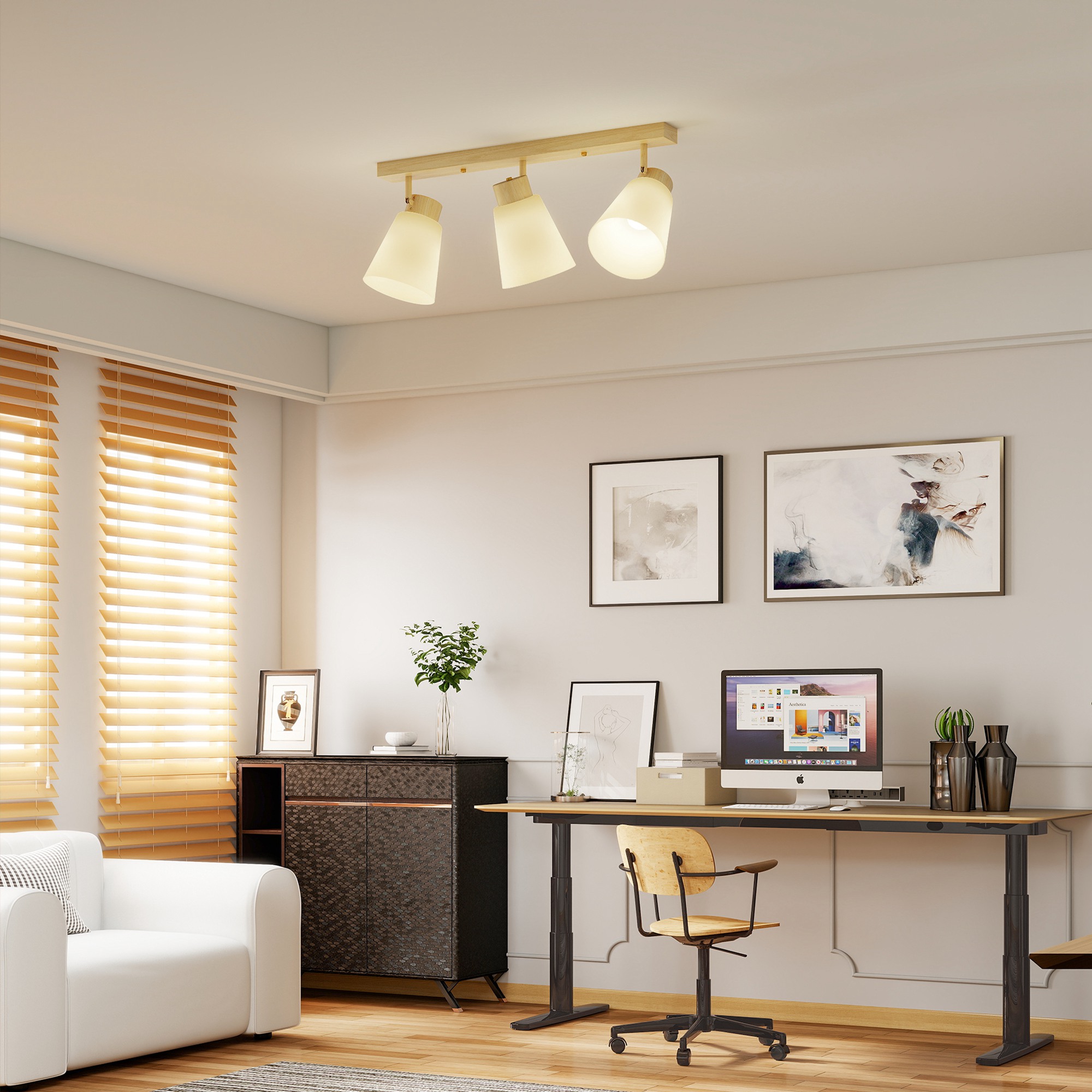 Deckenleuchte LED 40W Deckenlampe mit Doppelmontage und 90° verstellbaren Köpfen mit 3 E27-Fassungen Naturholz