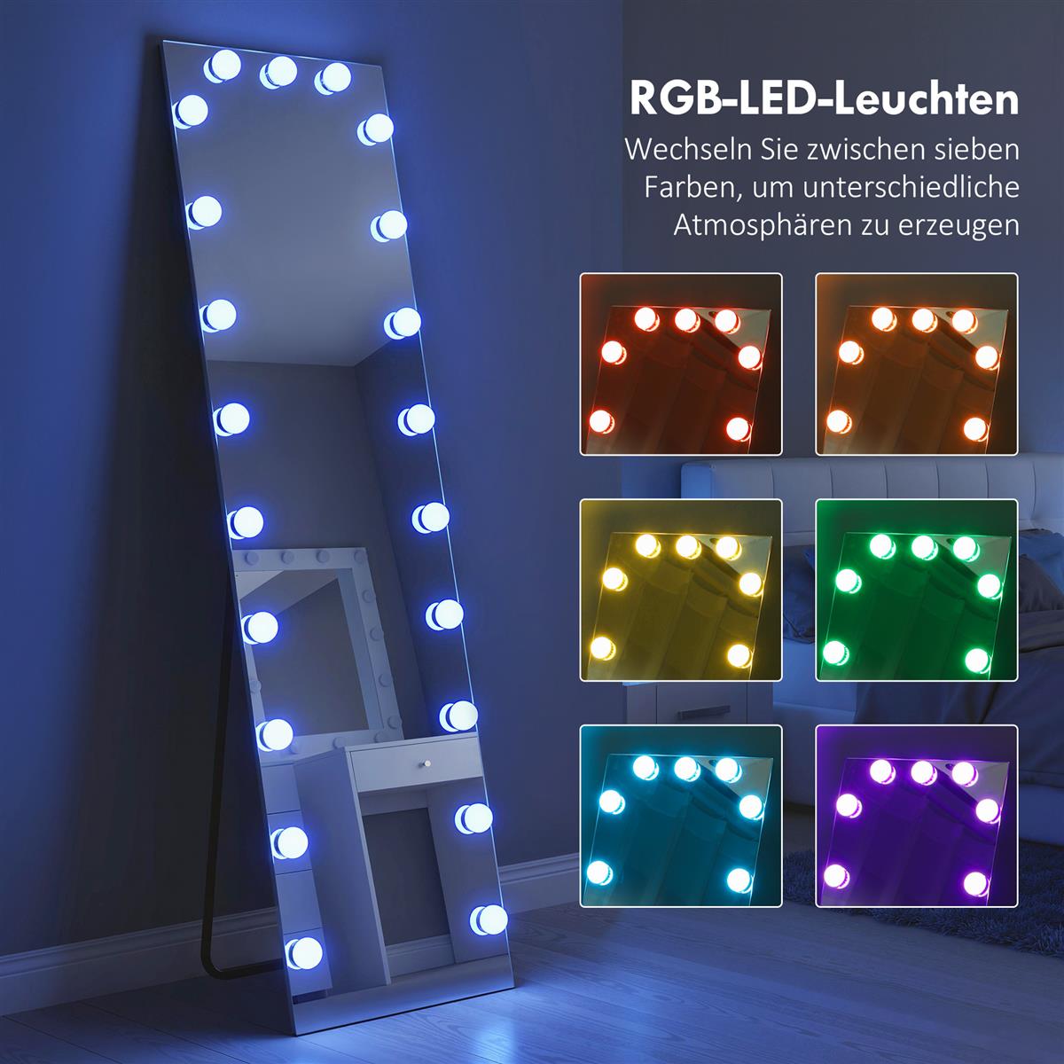 Ganzkörperspiegel 150x40 cm RGB-LED Standspiegel mit 21 Glühbirnen 7 Lichtfarbe Touch-Schalter Memory-Funktion