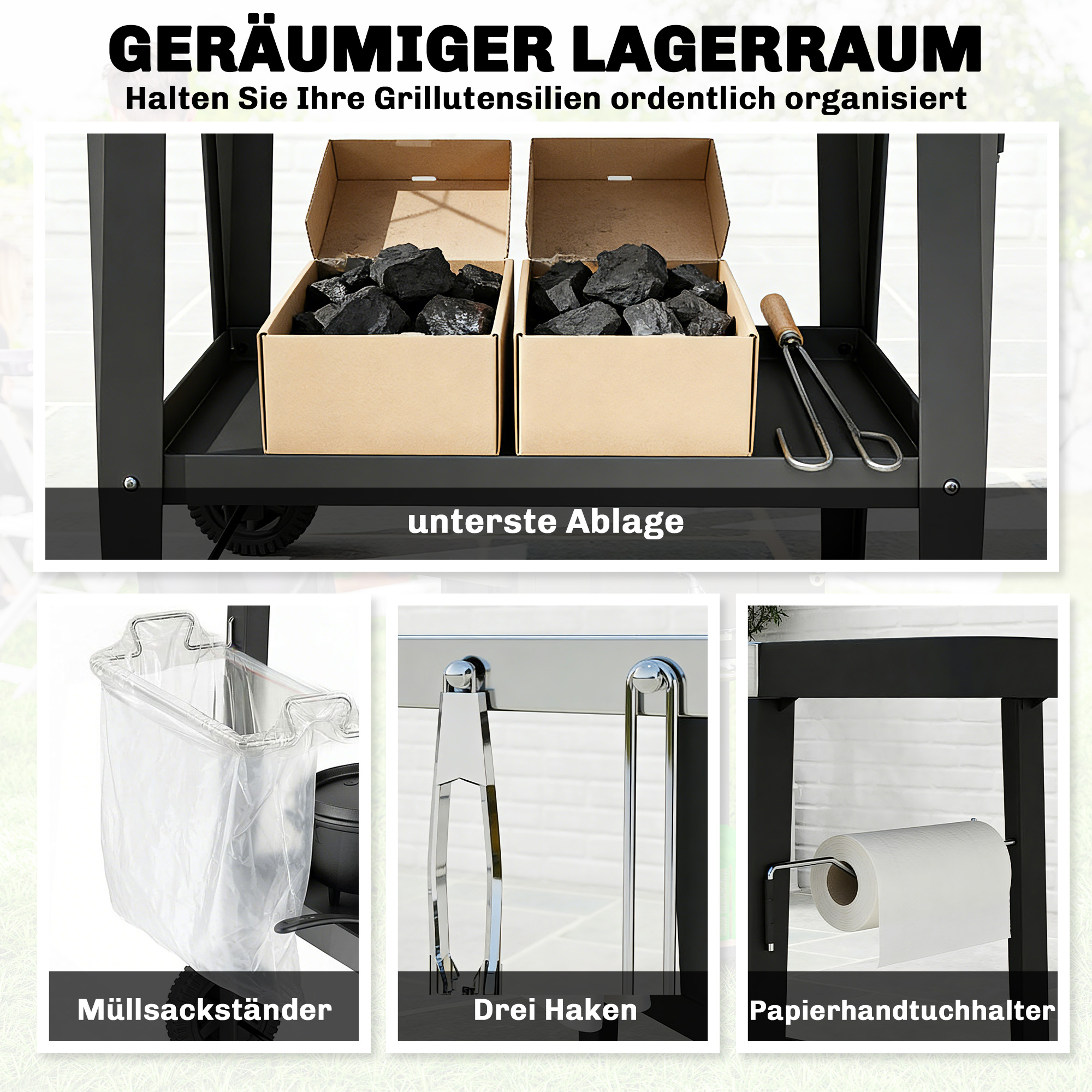 Küchenwagen mit Rollen Servierwagen mit Haken Papierrollenhalter Müllsackständer Edelstahl 115 x 67,5 x 80,5 cm Schwarz