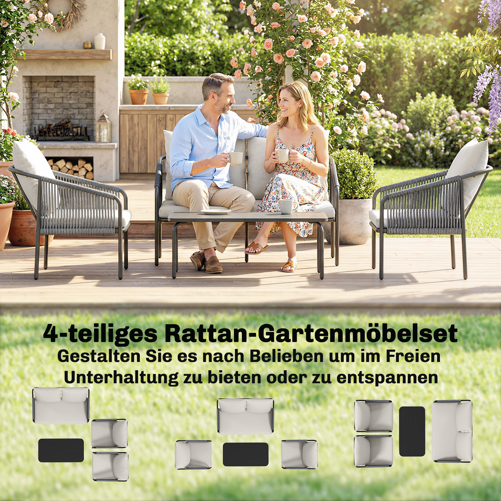 Gartenmöbel Set 4-teilig Polyrattan Lounge-Set mit Zweisitzer 2 Sessel Couchtisch abnehmbar Kissen Bindebändern