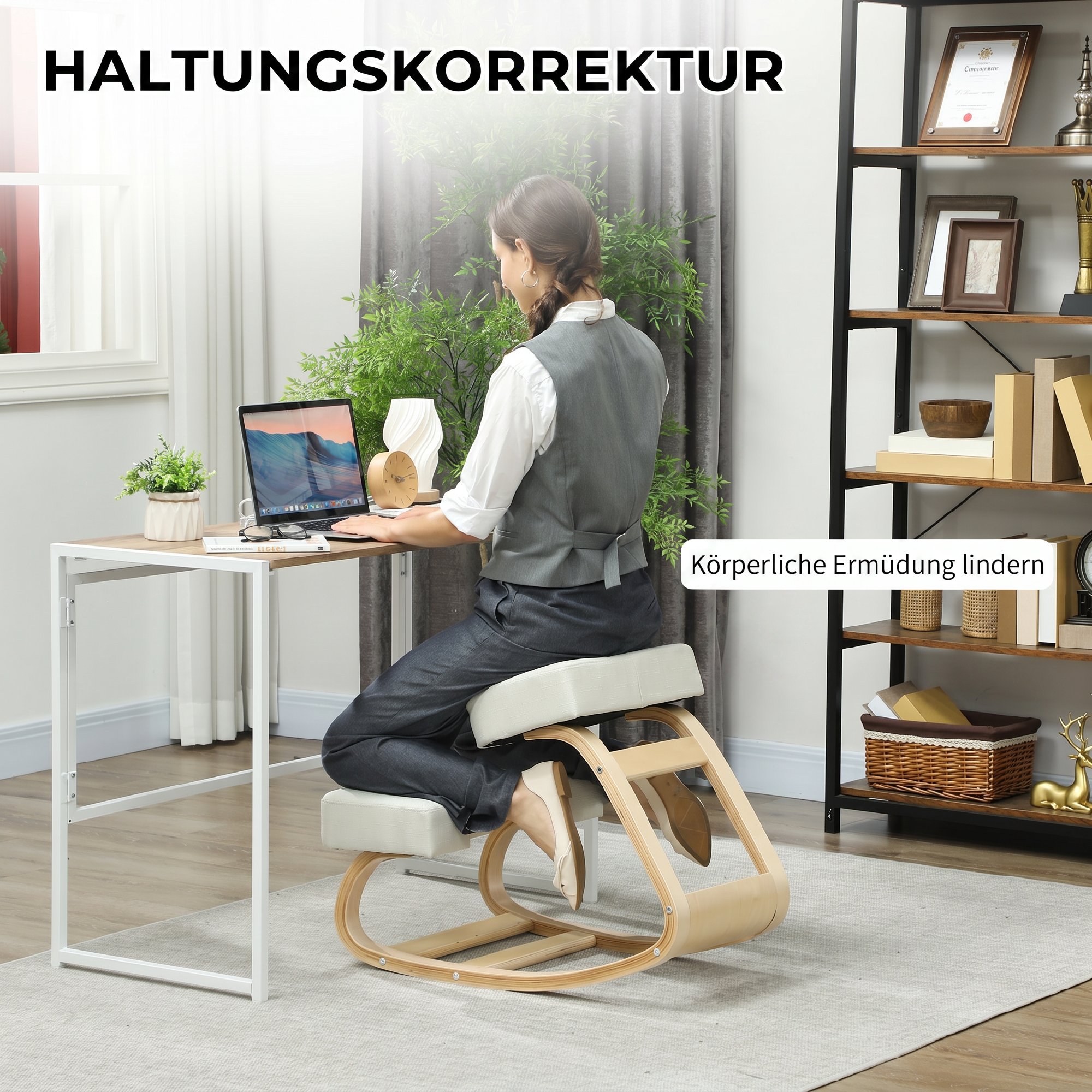 Kniestuhl, ergonomischer Sitzhocker, Polsterhocker für gesunde Sitzhaltung, Birkenholz, 120 kg belastbar, Cremeweiß