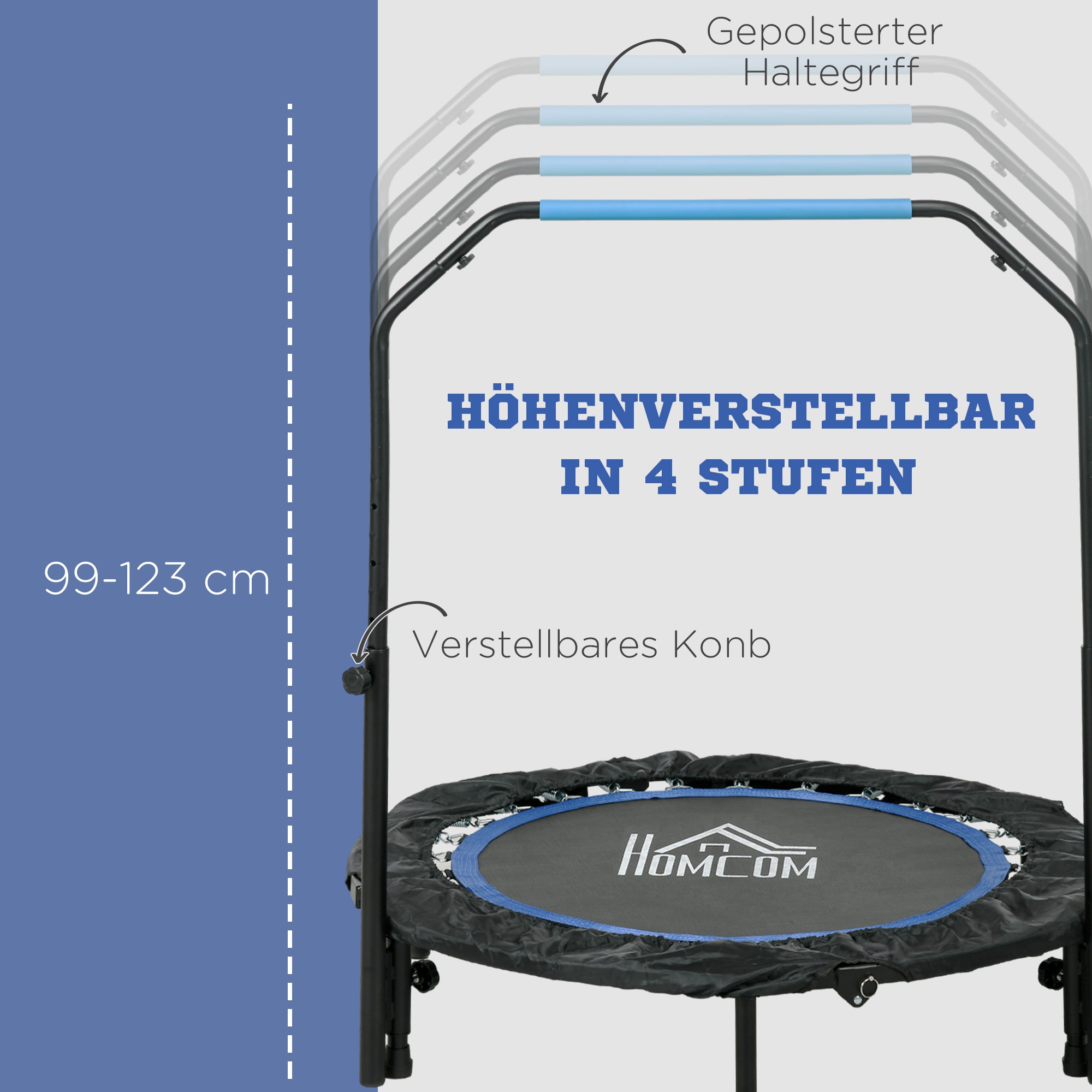 Fitnesstrampolin, klappbar, verstellbarer Haltegriff, Ø102x123H cm, bis 100 kg, Schwarz/Blau