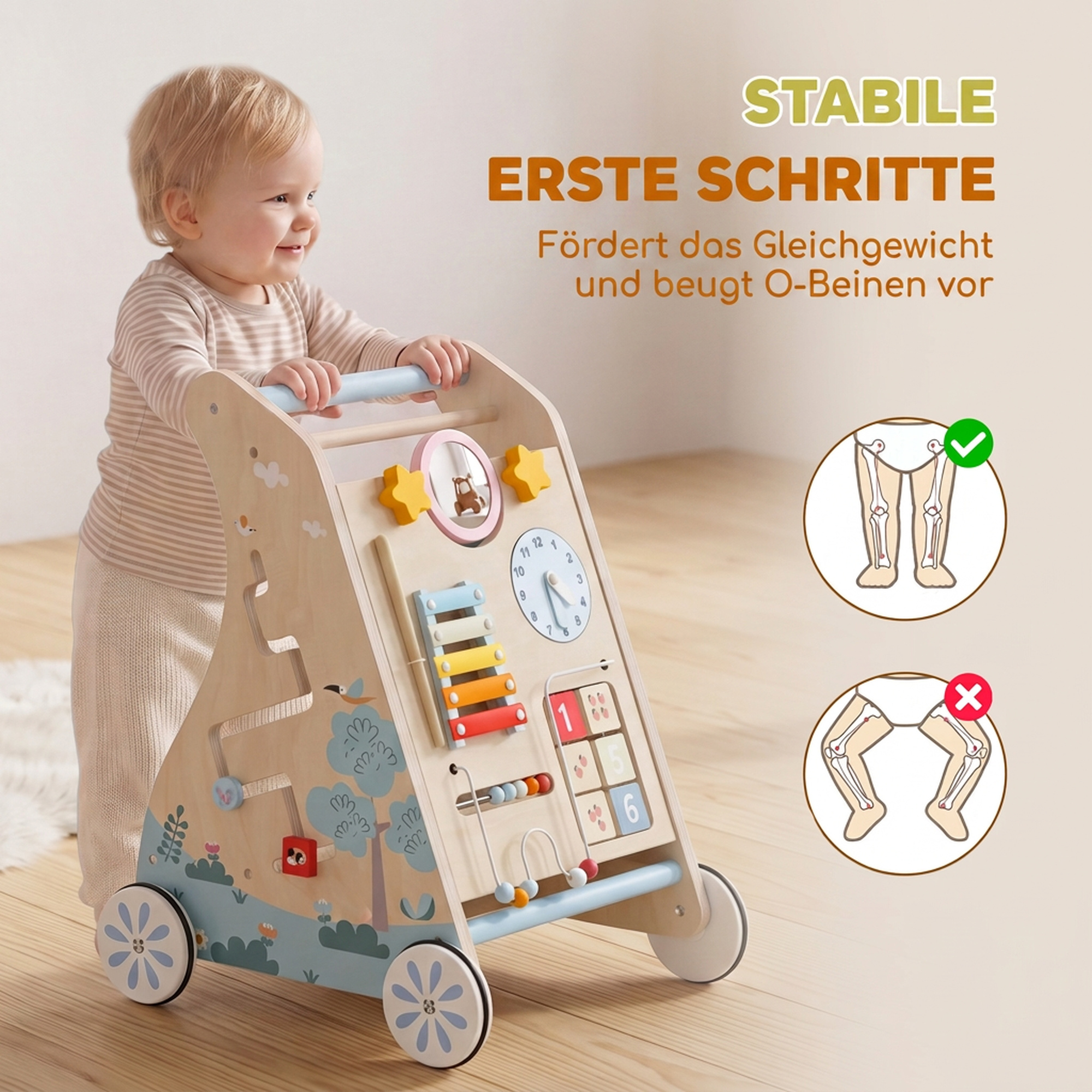3-in-1 Baby Lauflernwagen Lauflernhilfe mit abnehmbar doppelseitig Aktivitätstafel Tasche Rädern für 1-3 Jahre
