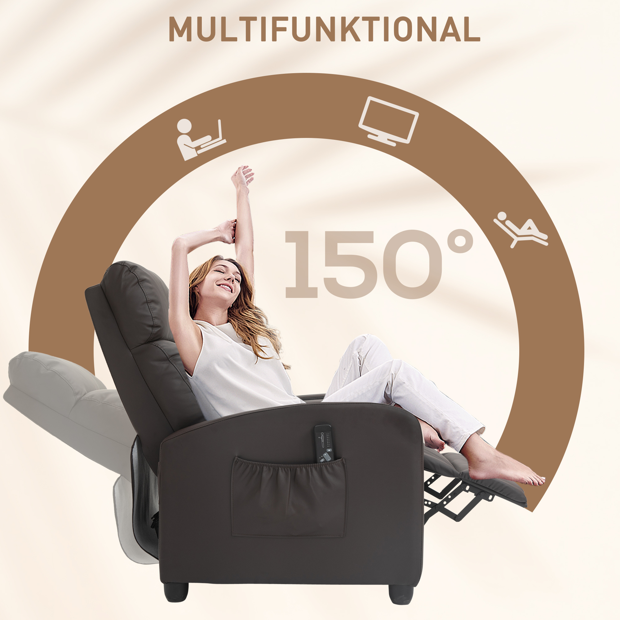 Relaxsessel Fernsehsessel mit Vibrationsmassage, Liegefunktion, 2 Massagepunkte, Fernbedienung, 68 x 88 x 98 cm Braun
