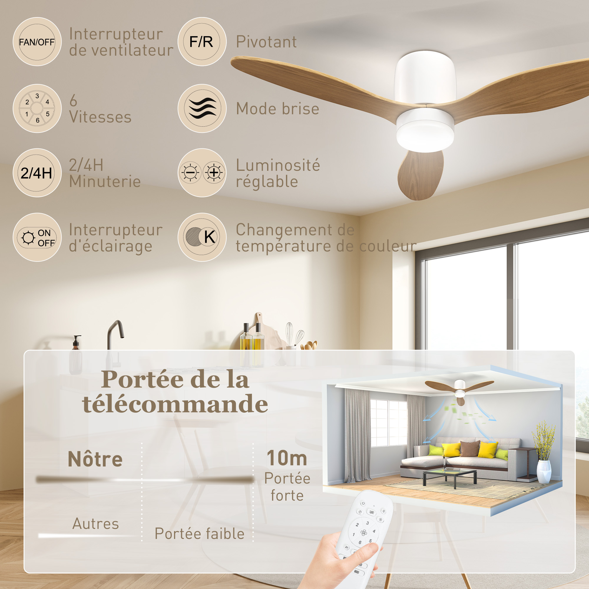 Deckenventilator mit einstellbarem Licht und Fernbedienung 115 cm, 3 Farben, 3 Flügel, 6 Geschwindigkeiten, Timer, Natur