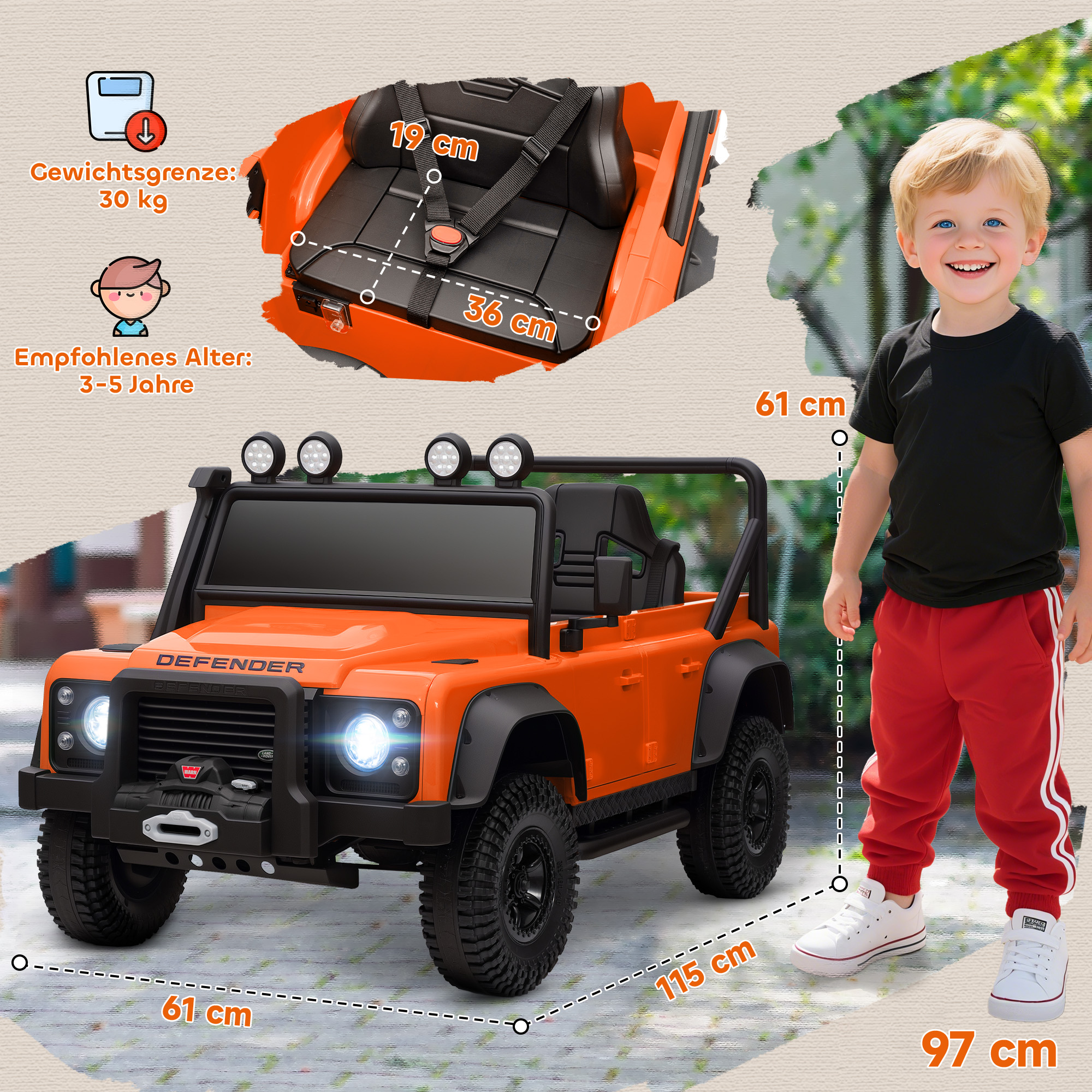 Kinder-Elektroauto, 12V Batterie-Betrieb, Fernbedienung, Musik-Funktion, Hupe, LED-Lichter, Orange