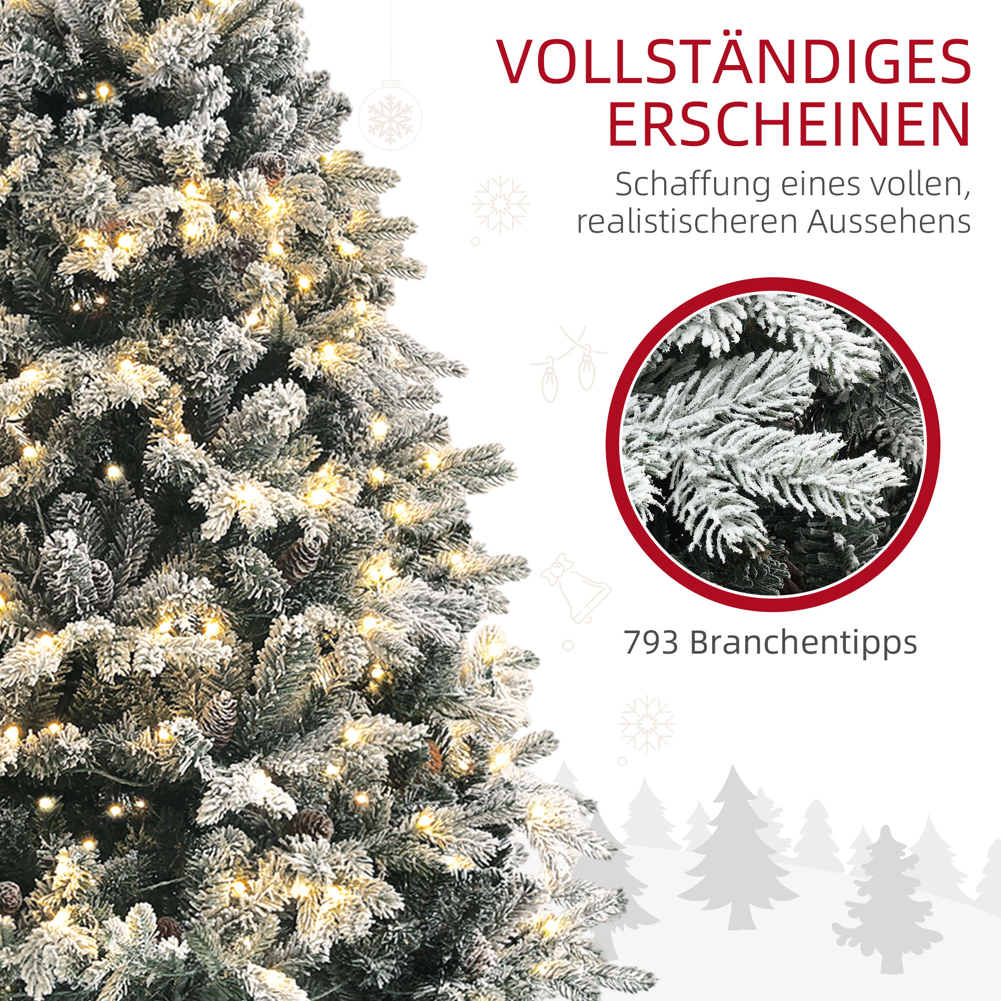künstlicher Weihnachtsbaum, 180 cm, LED-Lichter, schneebedeckt, flammenhemmend, Metall