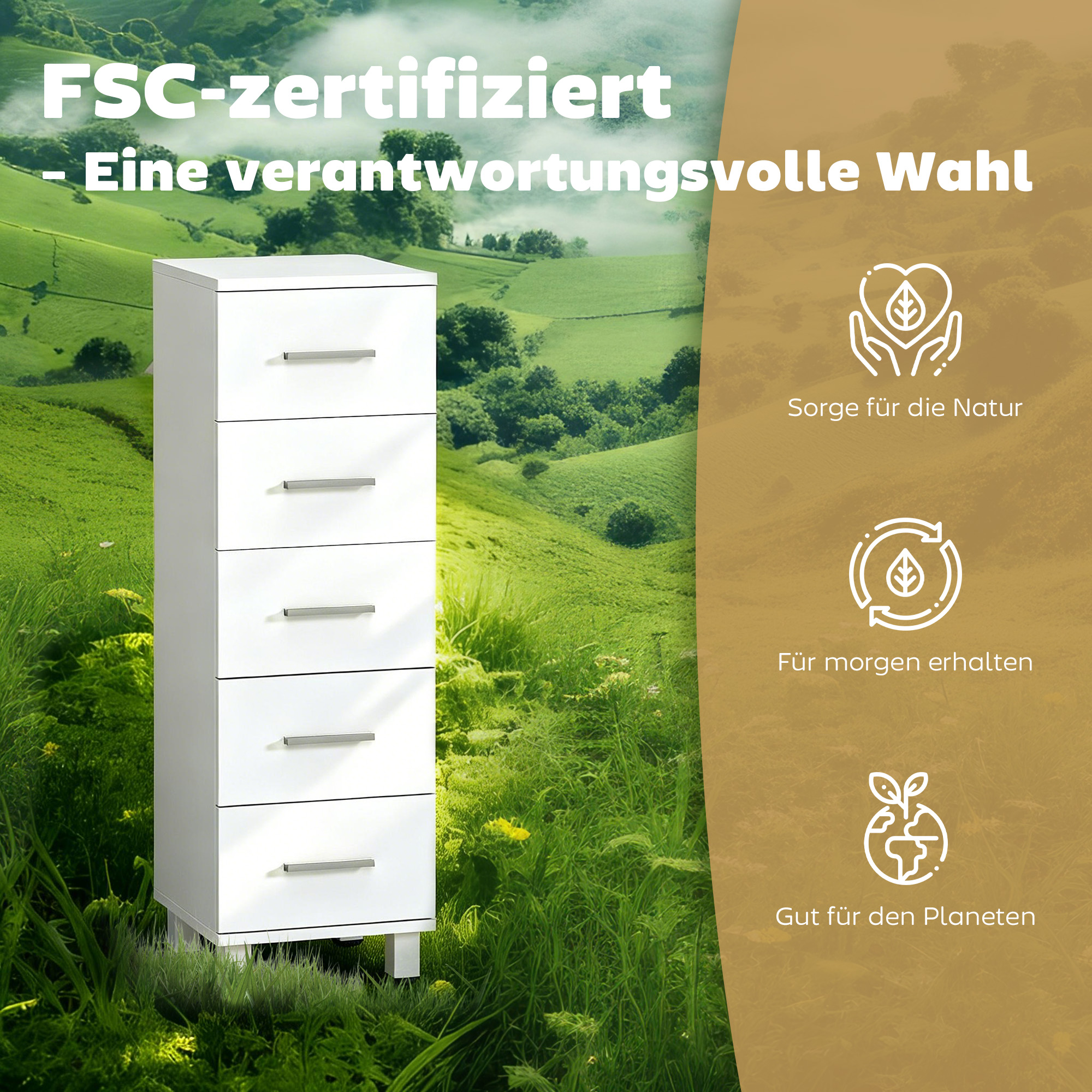 Badezimmerschrank Schmaler Badschrank mit 5 Schubladen für Badezimmer  30 x 30 x 95 cm Weiß