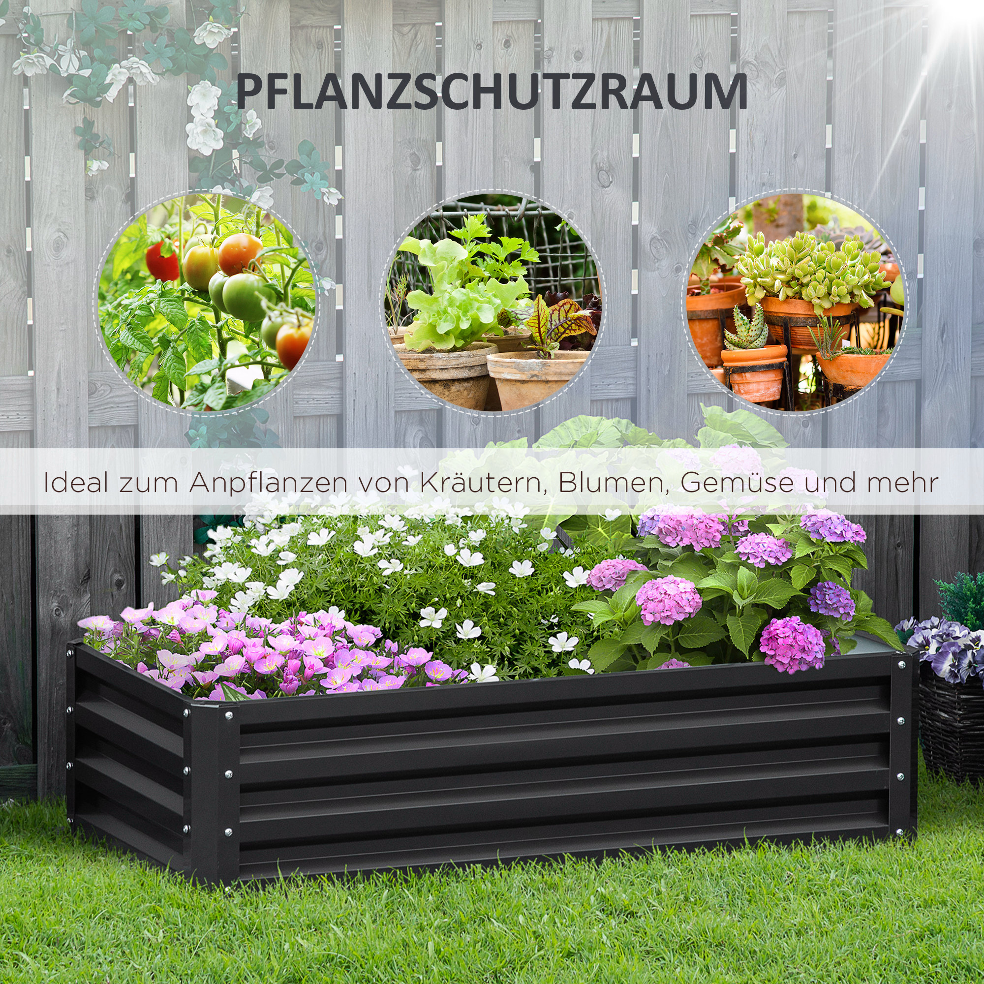 Hochbeet Pflanzkasten, wetterbeständig, offener Boden, verzinkter Stahl, 120 cm x 60 cm x 30,5 cm, Grau