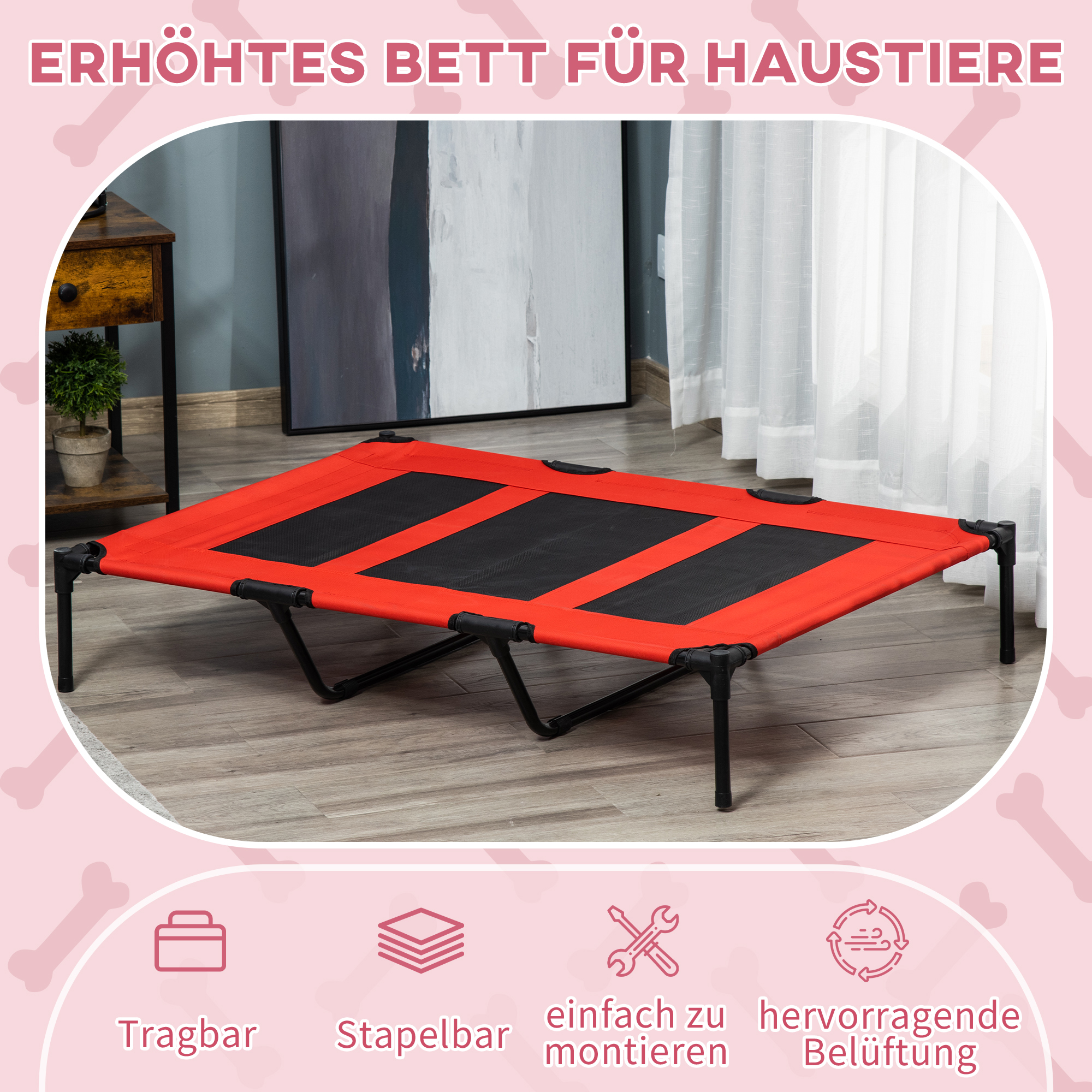 Hundebett, faltbar, Outdoor-Hundebett, erhöhter Stand, 122 cm x 92 cm x 23 cm, Rot + Schwarz