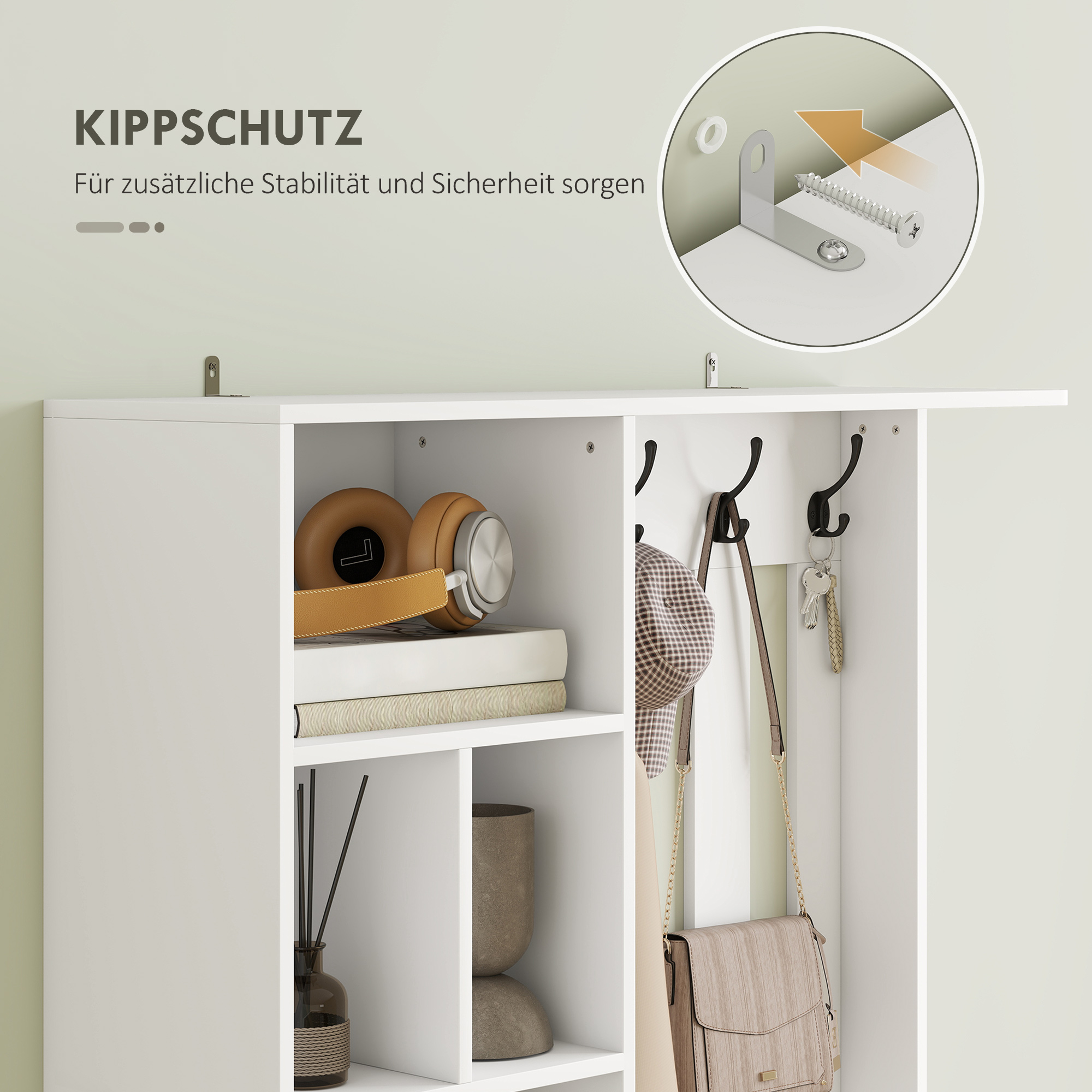 180 cm Garderobenschrank mit Kleiderständer, Schuhbank, 4 Haken, offene Ablageflächen, MDF, Weiß