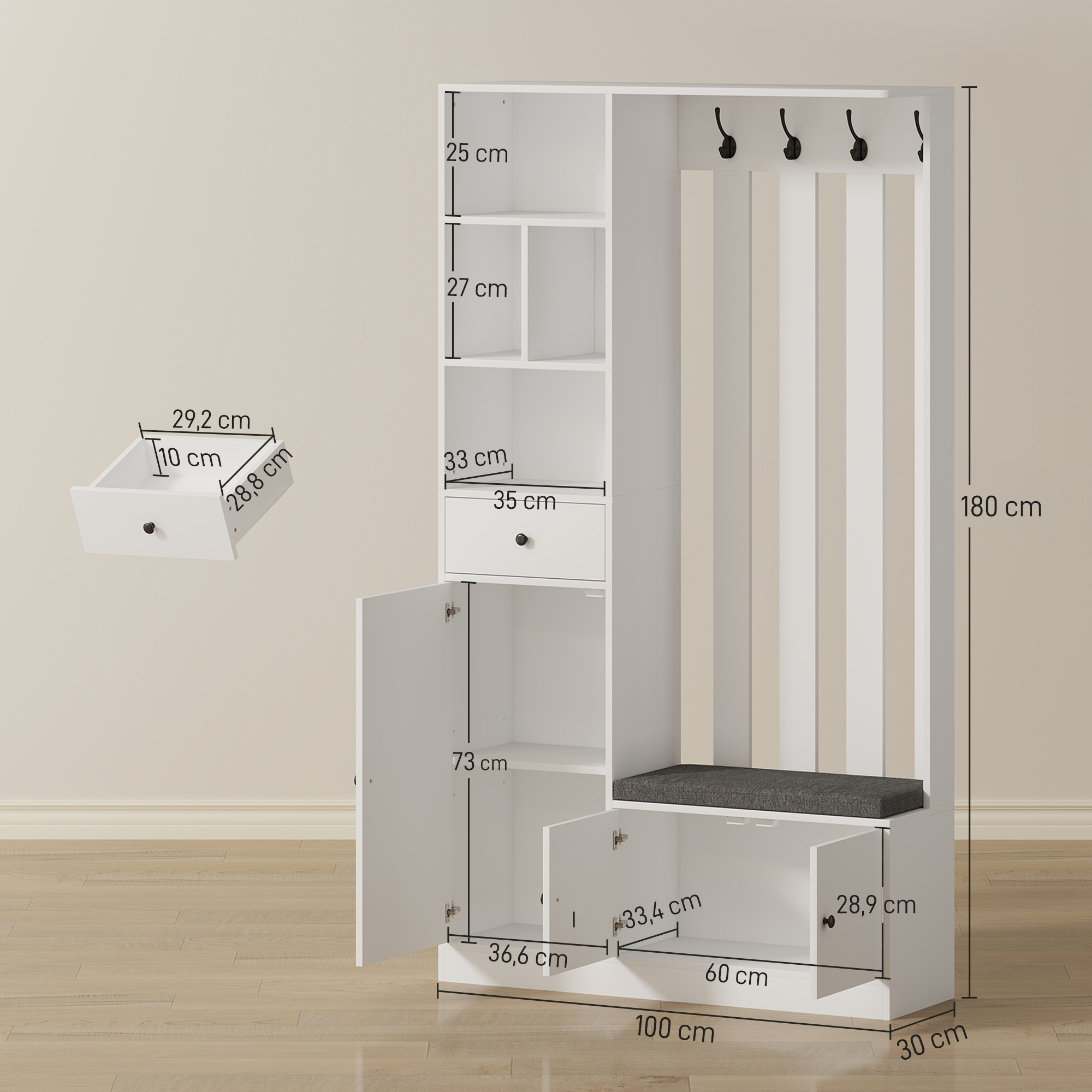 180 cm Garderobenschrank mit Kleiderständer, Schuhbank, 4 Haken, offene Ablageflächen, MDF, Weiß