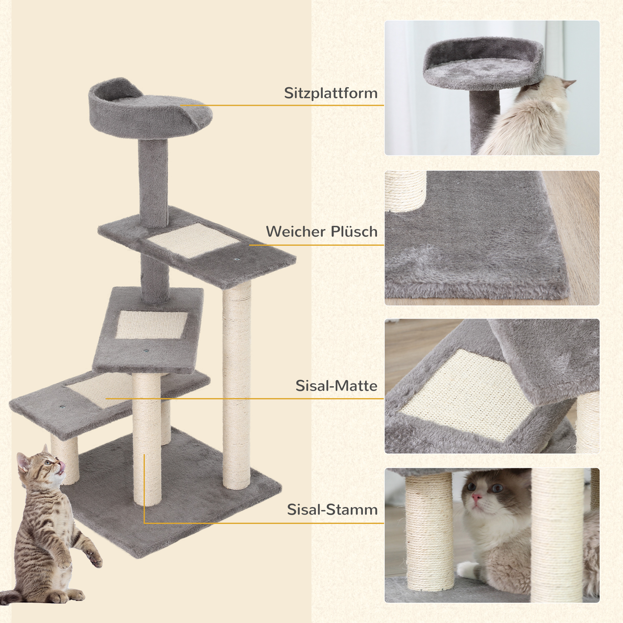 Kletterbaum Katzenbaum Spielbaum Katzenkratzbaum Treppe 5 Schichte Beige Grau 48,5 x 48,5 x 100 cm (LxBxH)