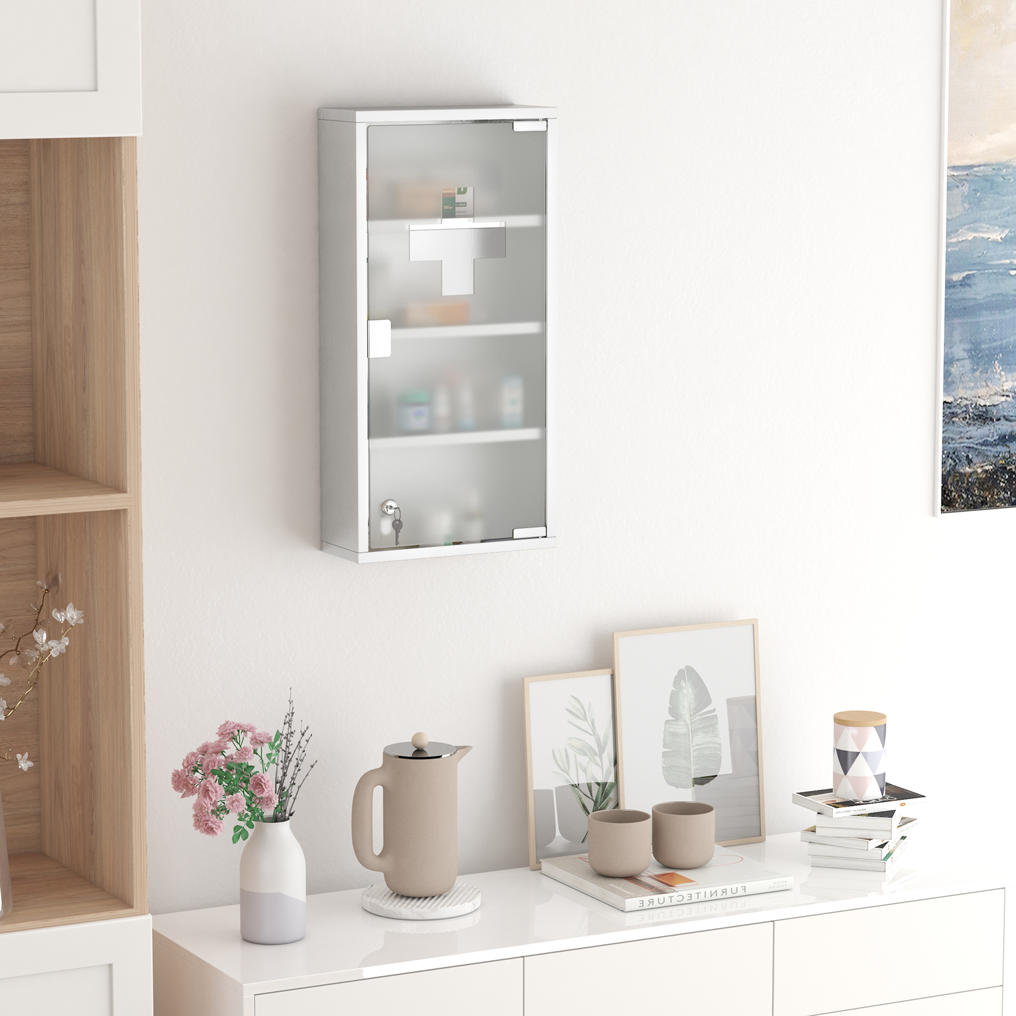 Medizinschrank Arzneischrank aus Edelstahl, Abschließbar Medikamentenschrank mit 4 Fächern, Glastür Apothekerschrank zur Medikamenten-Aufbewahrung, 30 x 12 x 60 cm