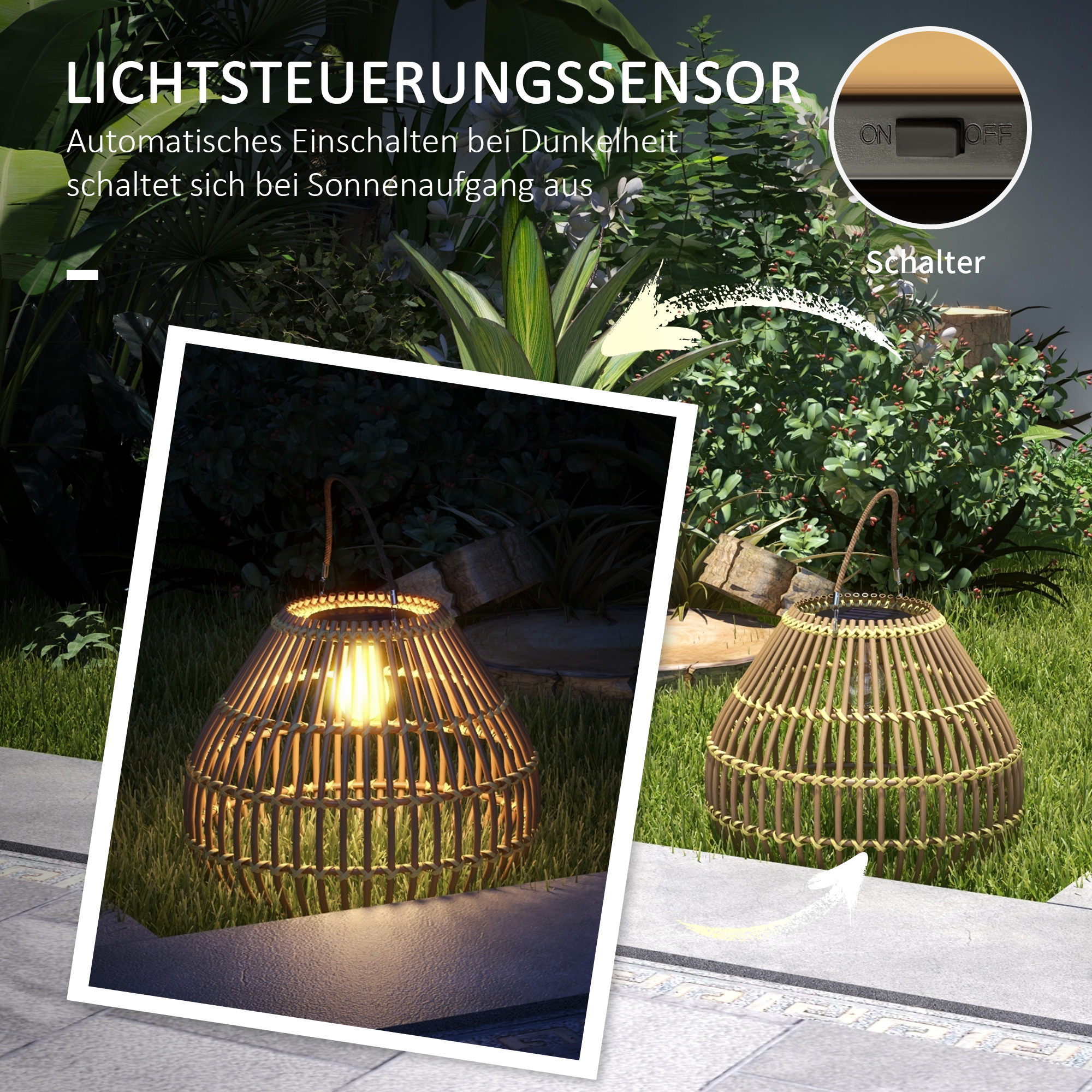 Gartenleuchte Solarleuchte Garten-Solarleuchte, PE-Rattan, Boho-Design, 31 cm x 31 cm x 32 cm, Gelb