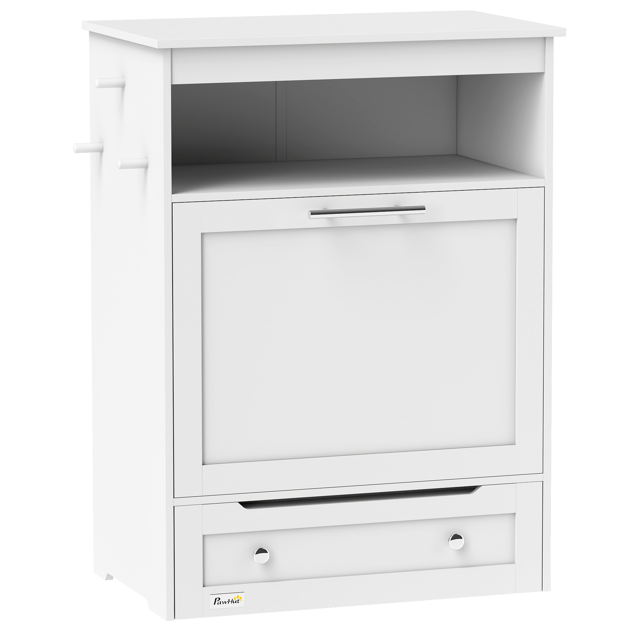 Futterstation für Haustiere, Aufbewahrungsschrank für Haustierbedarf, mit Futterschüsseln, Haken für Leinen, MDF, Weiß