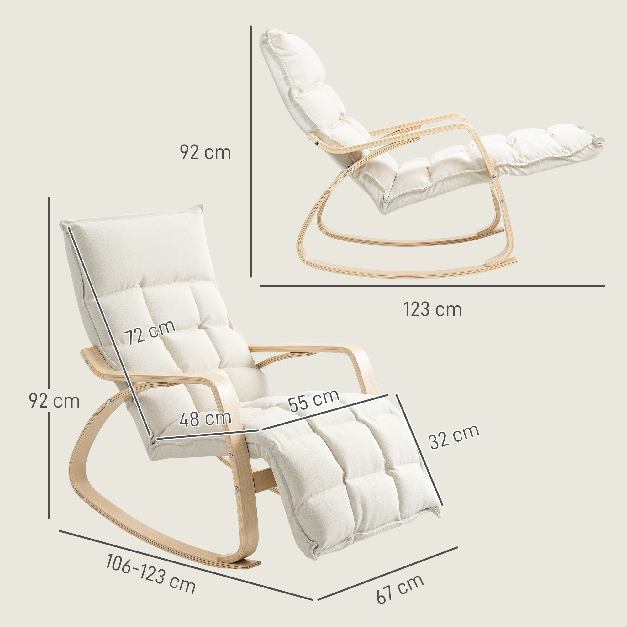 Gepolsterter Schaukelstuhl, Entspannungssessel mit Armlehnen und Stahlrahmen, für Wohnzimmer, Schlafzimmer, Cremeweiß