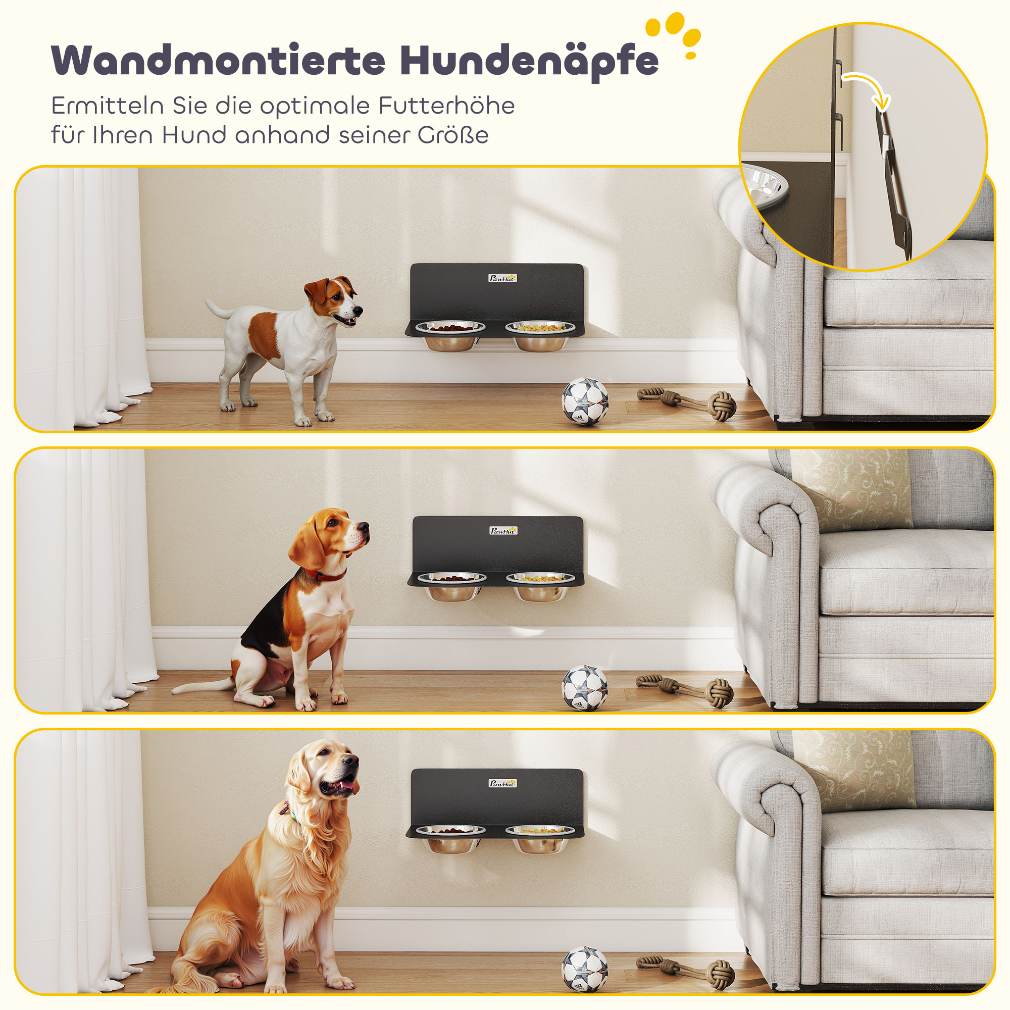 Hundenapf höhenverstellbar Wand Futternapf mit 2 x 800ml Edelstahlnäpfen 42 x 23,5 x 14 cm Schwarz