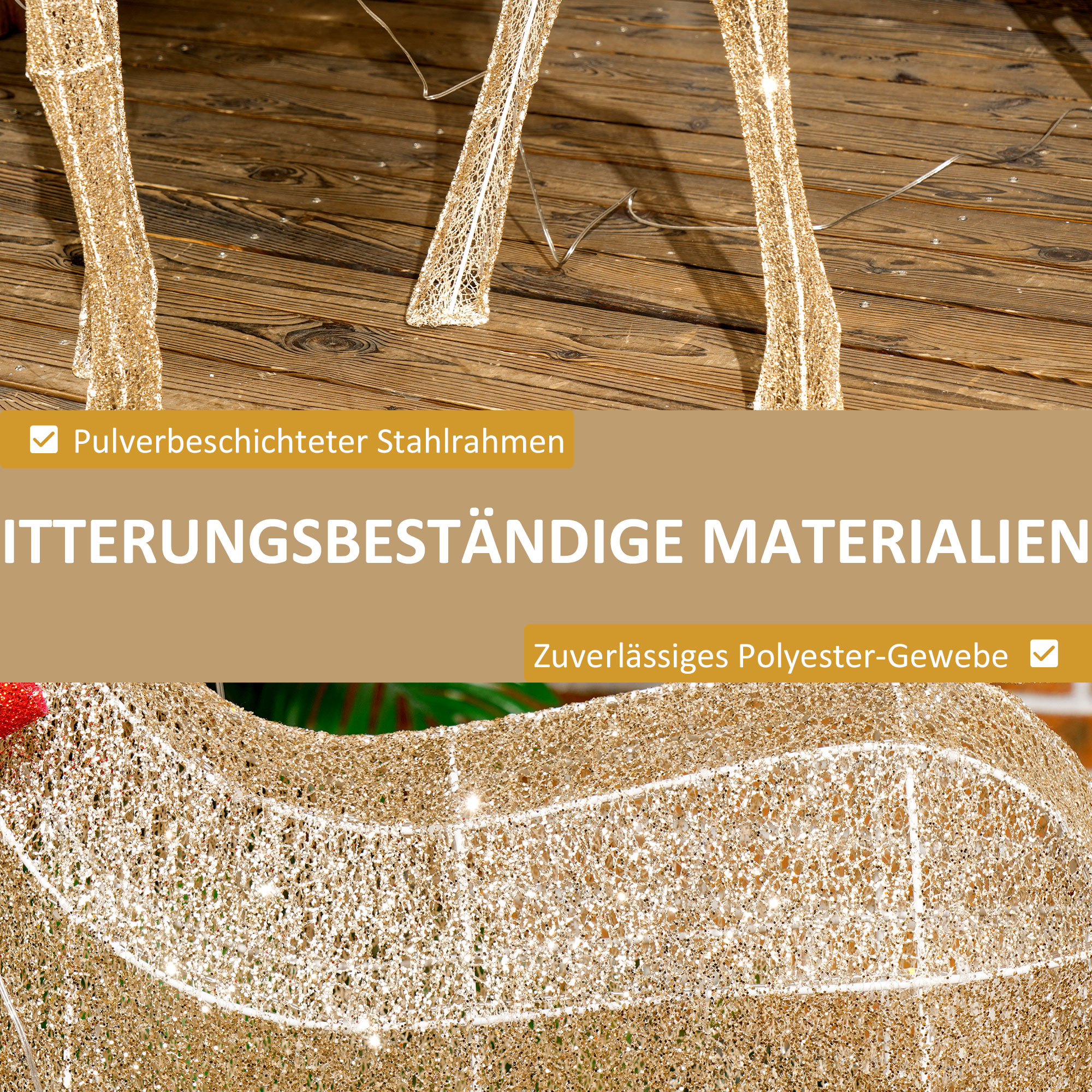 Rentier mit roter Schleife, 137 LEDs, Weihnachtsbeleuchtung, wetterfest, 66 x 25 x 135 cm, Gold