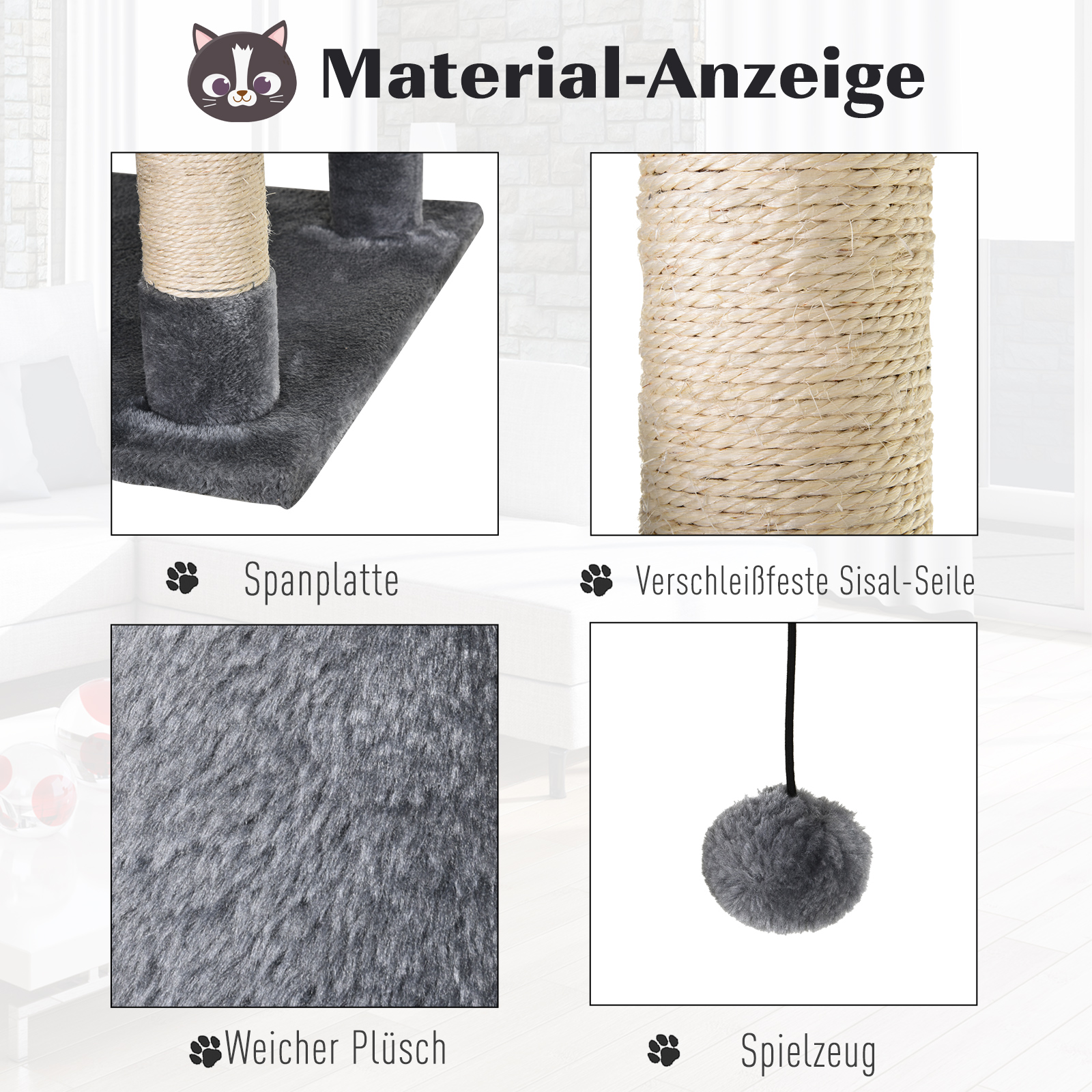 Katzen Kratzbaum groß 145 cm, Katzenbaum mit Hängematte, Kletterbaum für Katzen, Katzenkratzbaum Höhle Katzenmöbel mit Sisalstämmen, Hellgrau